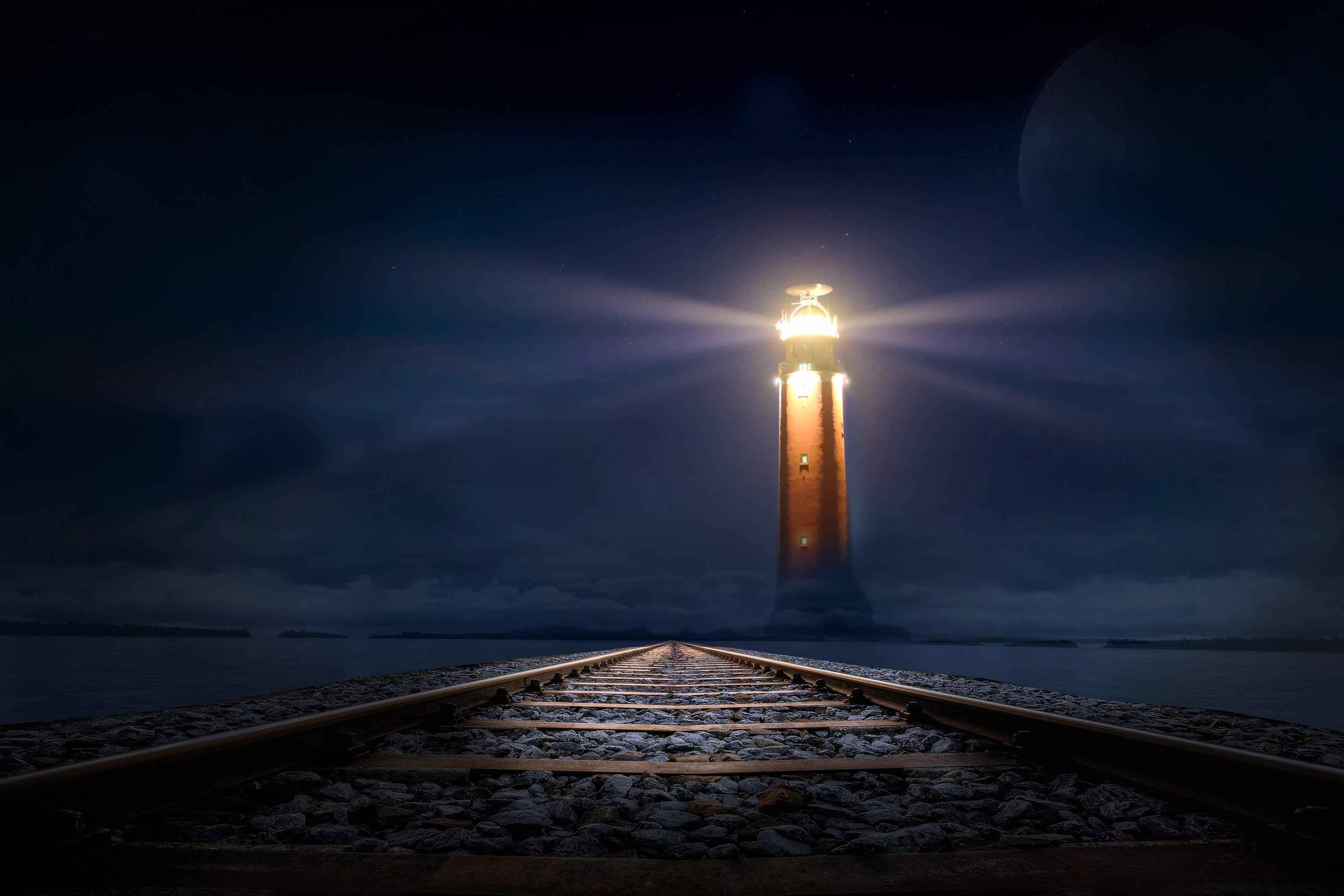 3200x2133 #Dark night, #Lighthouse, #Railroad. Mocah HD Wallpaper