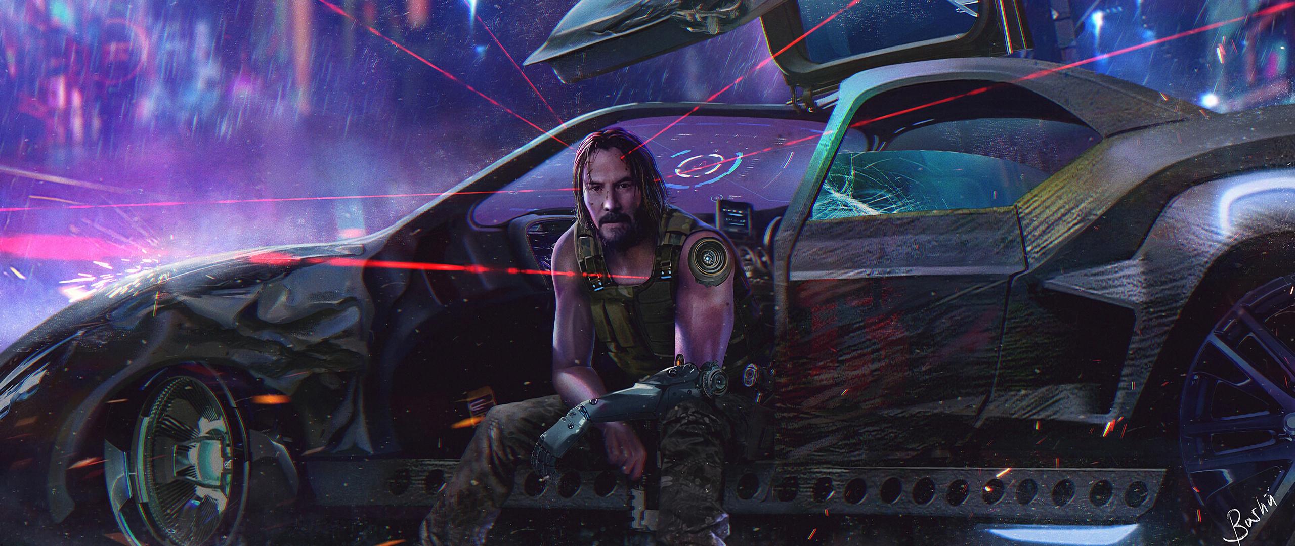 2560x1080 Download Cyberpunk Keanu Reeves, video game, art wallpaper, 2560x Dual Wide, Widescreen