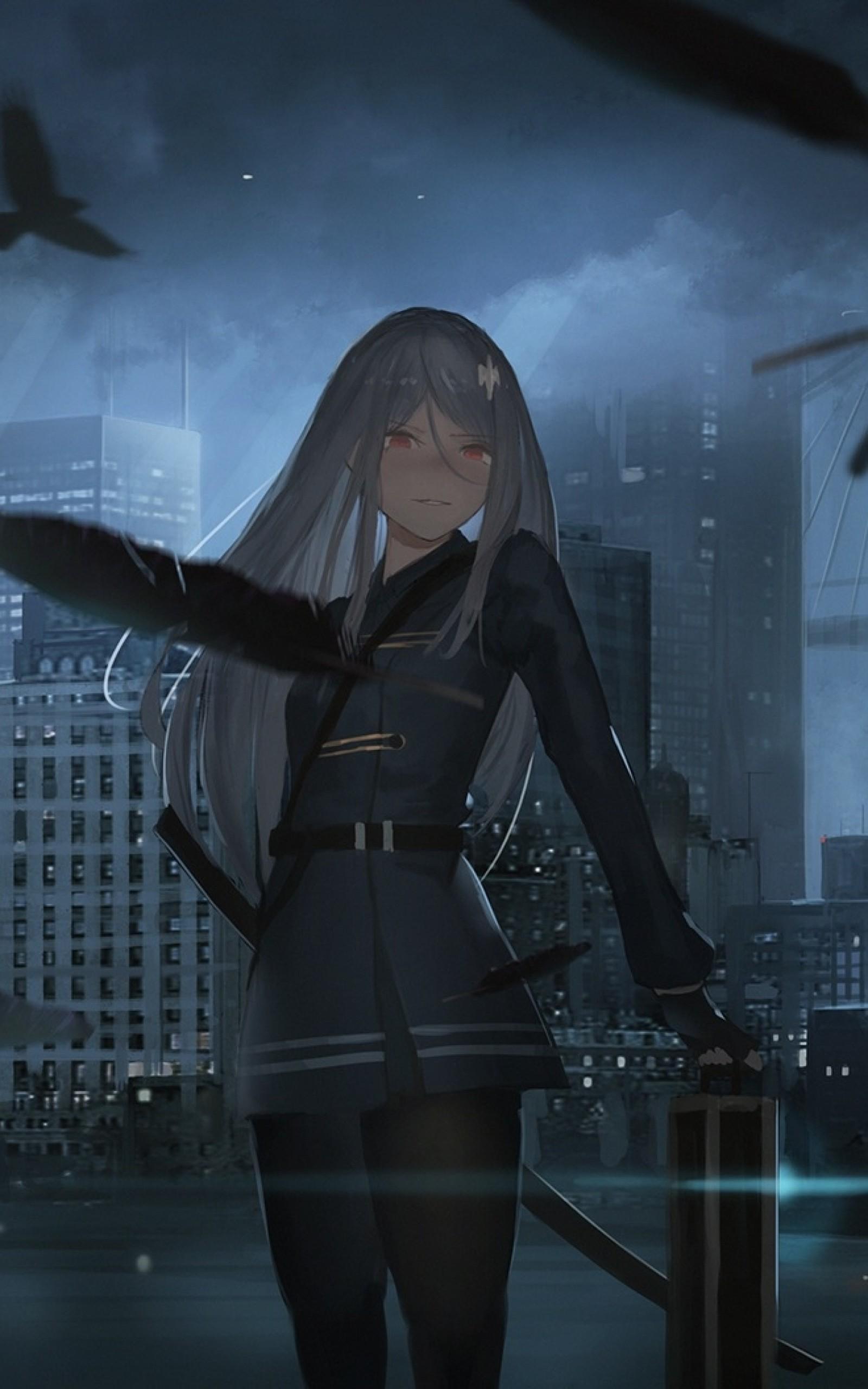 1600x2560 Download 1600x2560 Anime Girl, Dark Feathers, Creepy Smile, Long Hair, Katana, Cityscape Wallpaper for Google Nexus 10