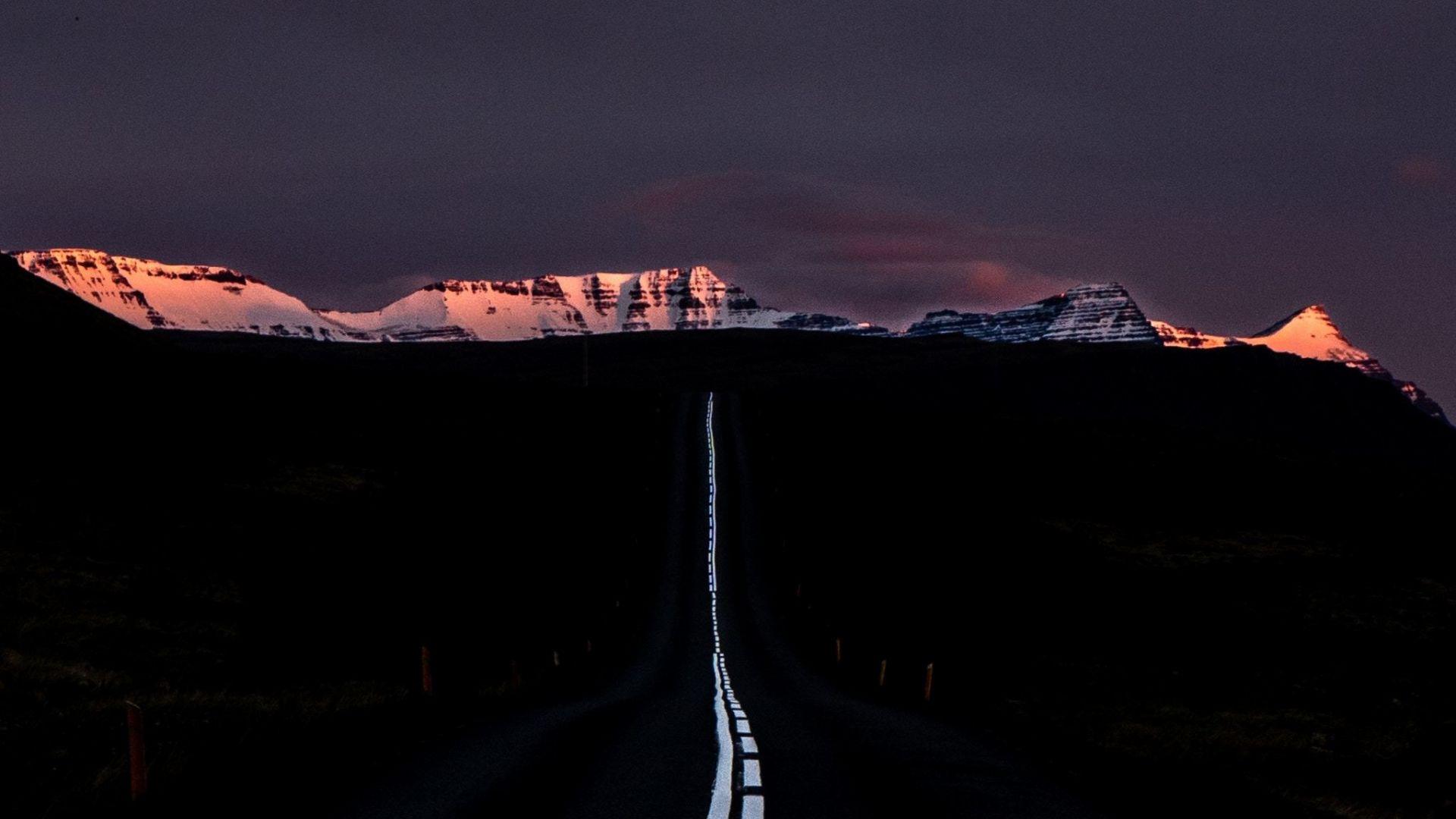 1920x1080 Desktop wallpaper dark, mountains, dawn, highway, marks, iceland, HD image, picture, background, 99f802
