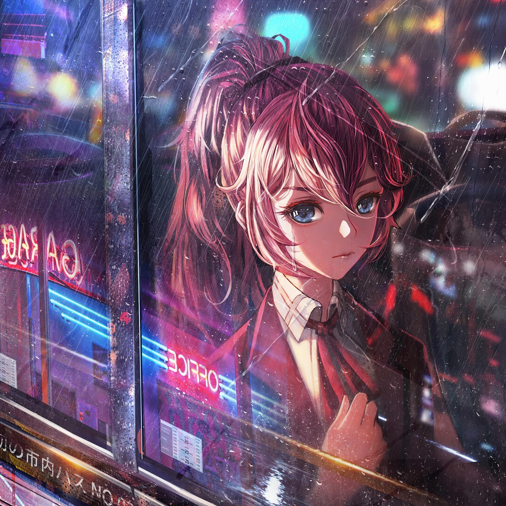 2048x2048 Anime Girl Bus Window Neon City 4k iPad Air HD 4k Wallpaper, Image, Background, Photo and Picture
