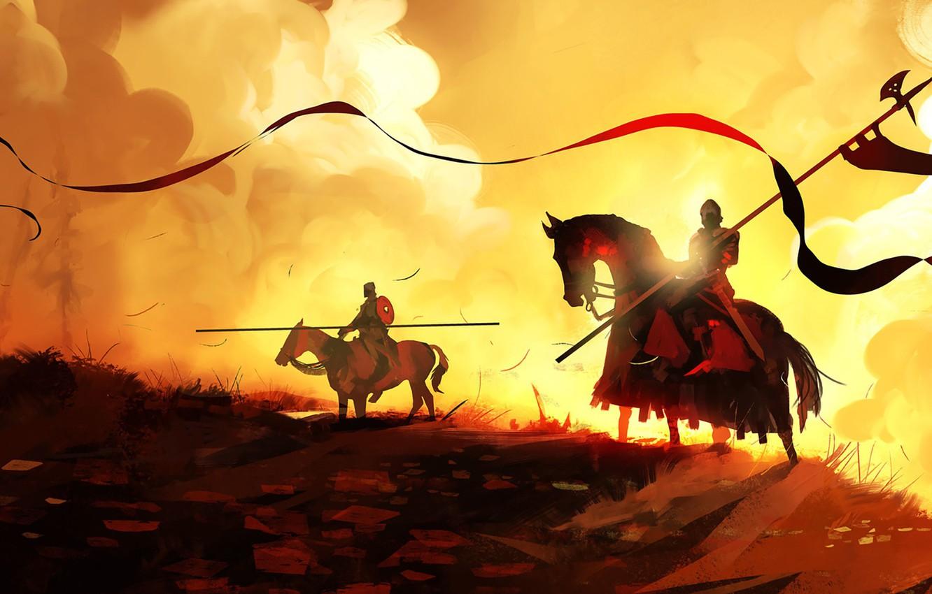 1332x850 Wallpaper Figure, Fire, Knights, Fantasy, Art, Knight, War, Concept Art, Dominik Mayer, Environments, by Dominik Mayer, 30 min speedpainting, Very Fluffy image for desktop, section живопись
