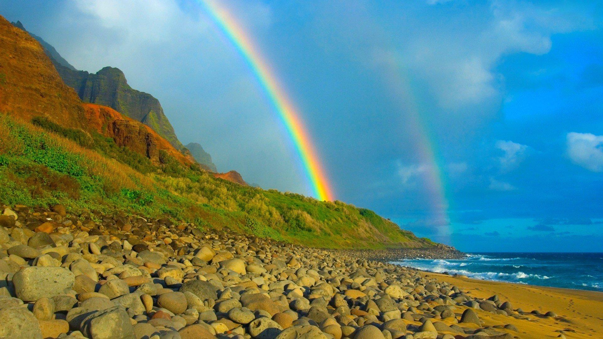 1920x1080 Rainbow over Rocky Beach HD Wallpaper. Background Imagex1080