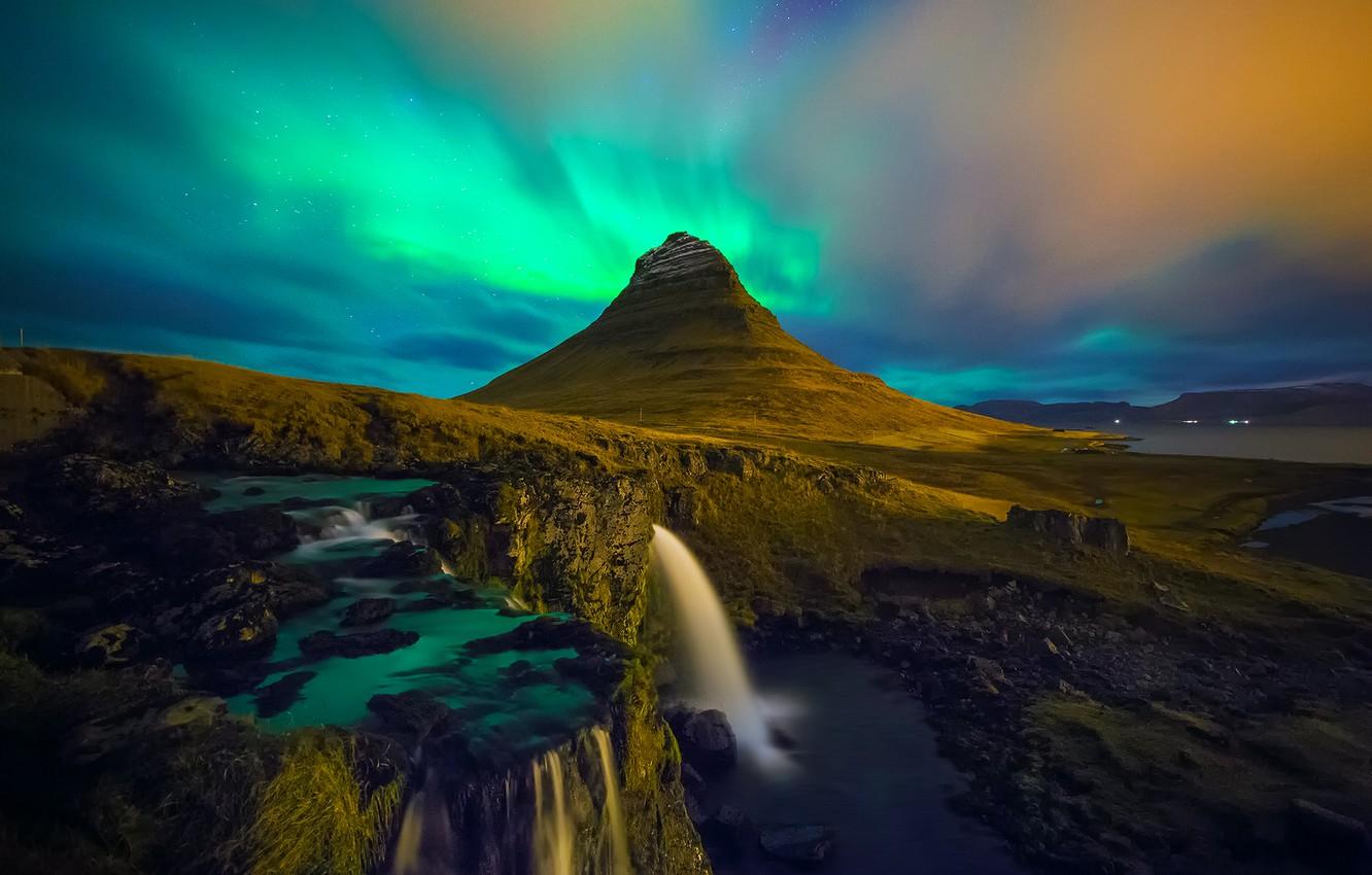 1332x850 Wallpaper waterfall, Iceland, Kirkjufell, aurora borealis image for desktop, section пейзажи
