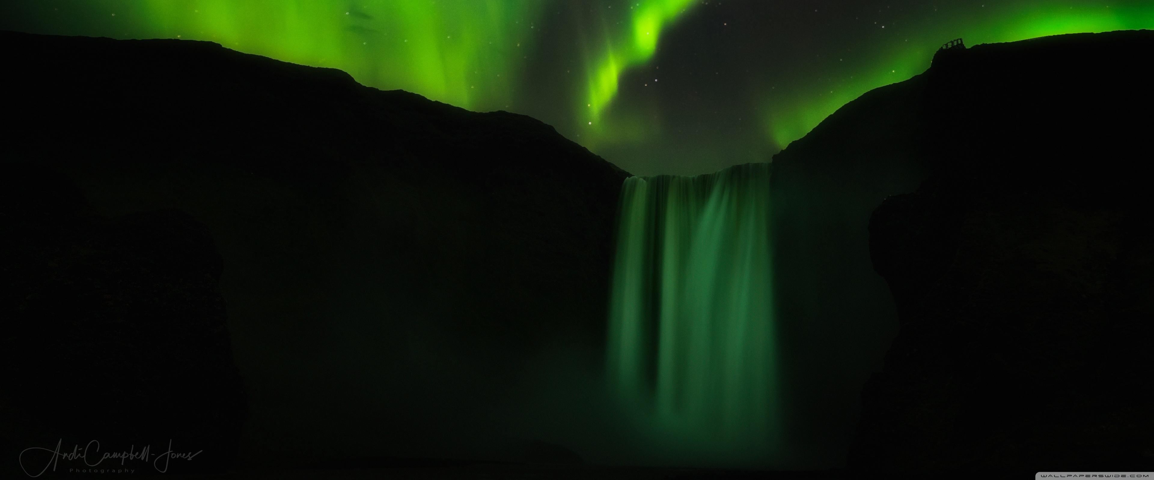 3840x1600 Skogafoss Waterfall, Iceland, Night Aurora Borealis Ultra HD Desktop Background Wallpaper for 4K UHD TV : Widescreen & UltraWide Desktop & Laptop : Tablet