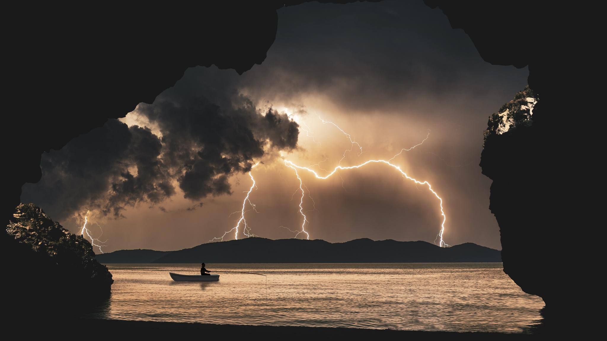 2048x1152 Landscape Storm Rays Sea Clouds Cave Fantasy 8k 2048x1152 Resolution HD 4k Wallpaper, Image, Background, Photo and Picture