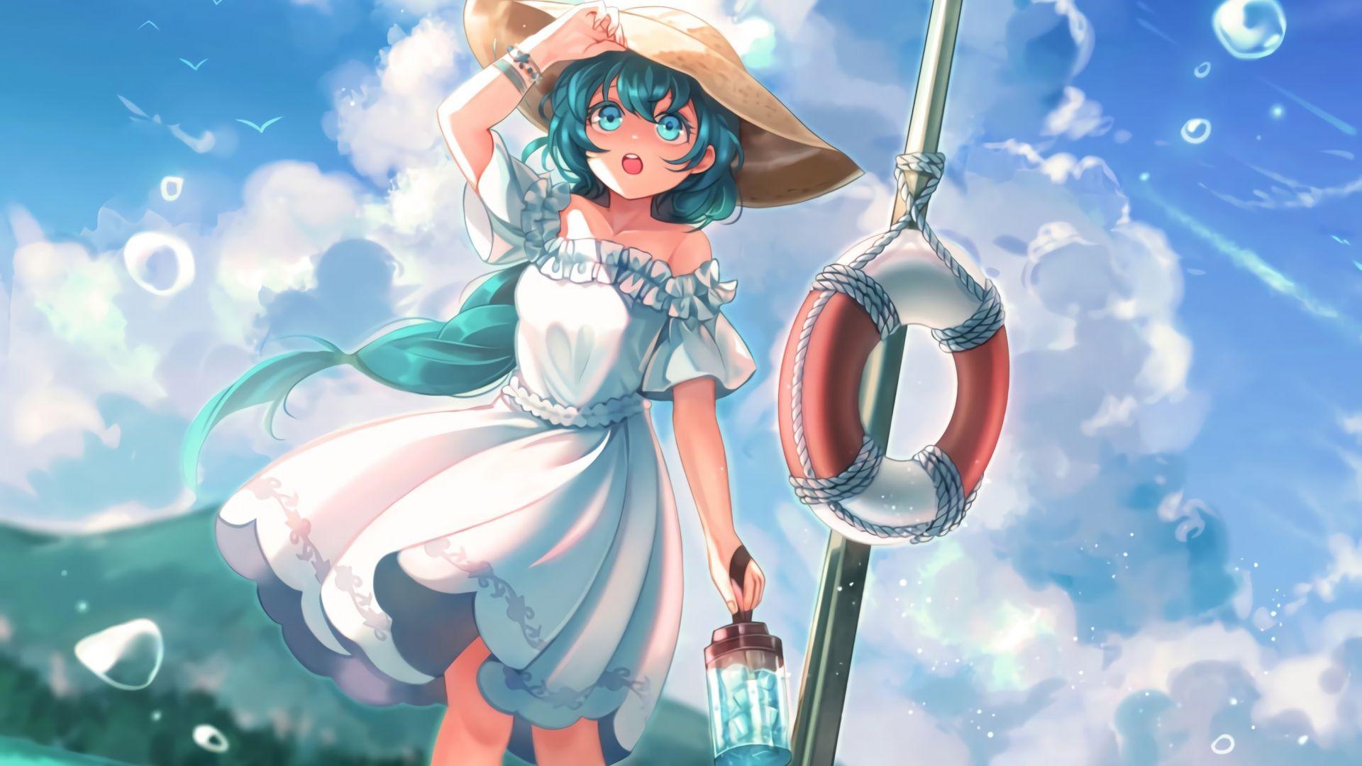 1920x1080 Desktop wallpaper girl, blue hair, anime girl, hat, cute, HD image, picture, background, 6b0dcb