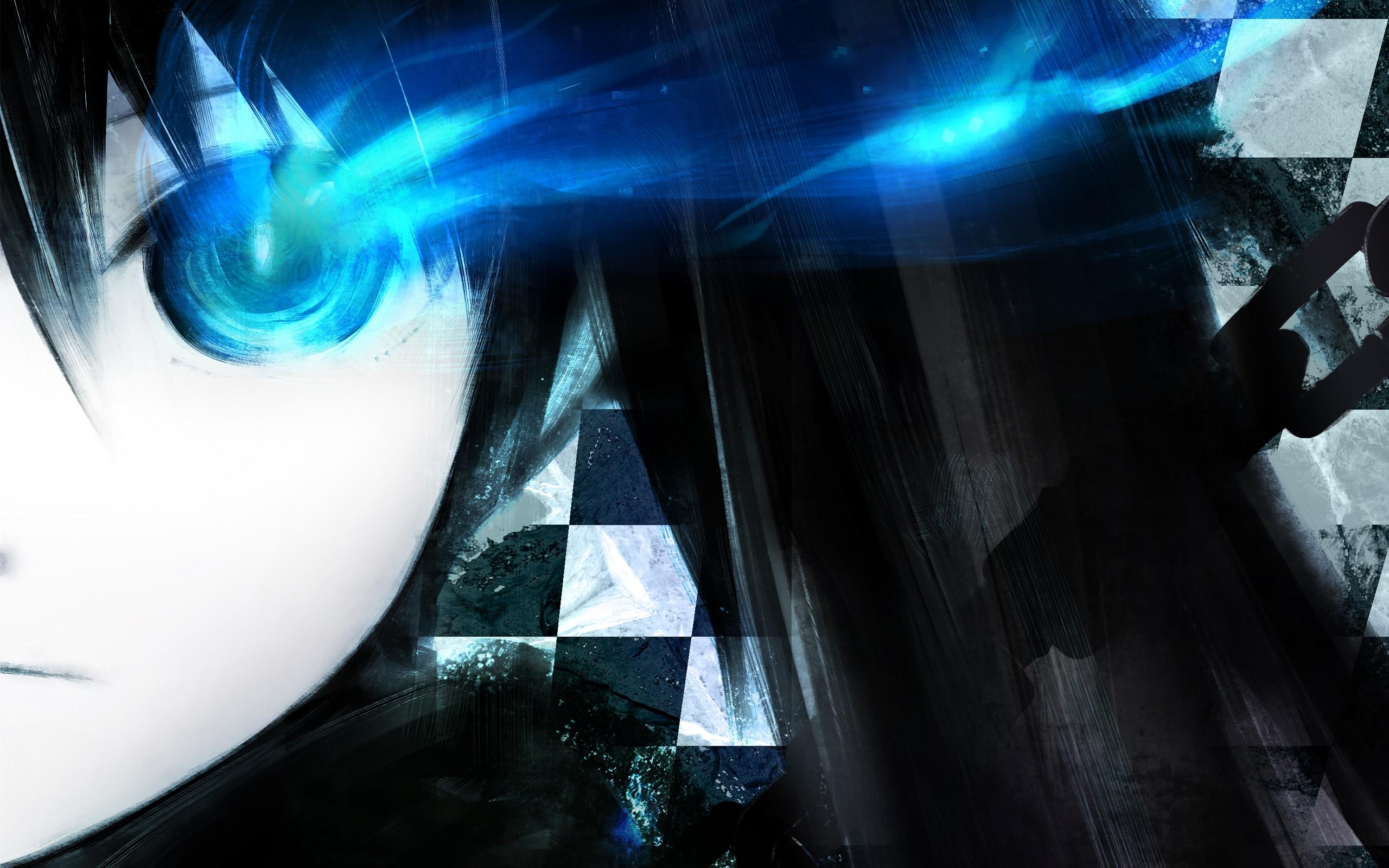 2560x1600 Black Rock Shooter, blue eyes, chains, anime girls, faces, glowing eyes wallpaper