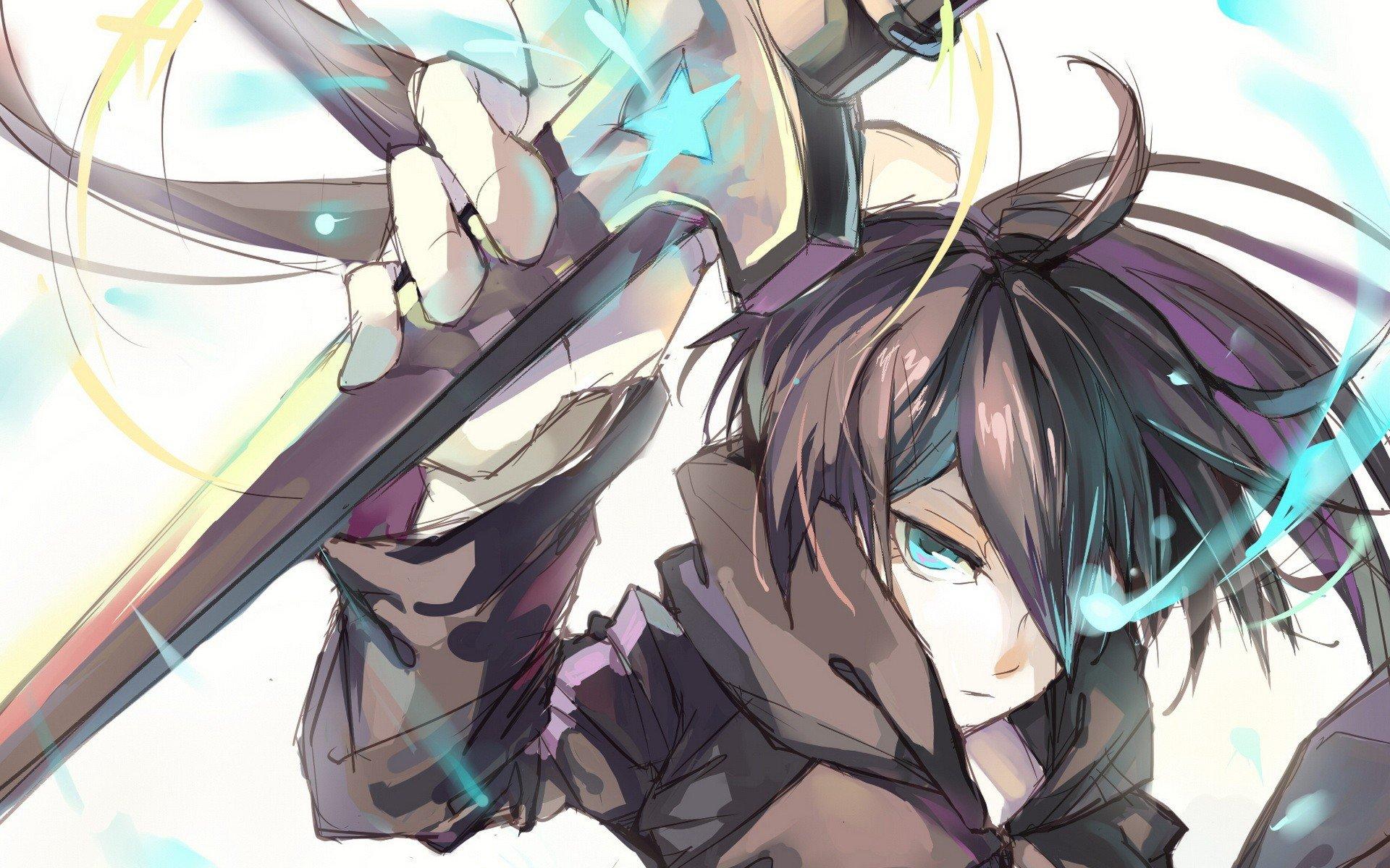 1920x1200 Black Rock Shooter stars blue eyes weapons twintails simple background anime girls glowing eyes swords black hair wallpaperx1200