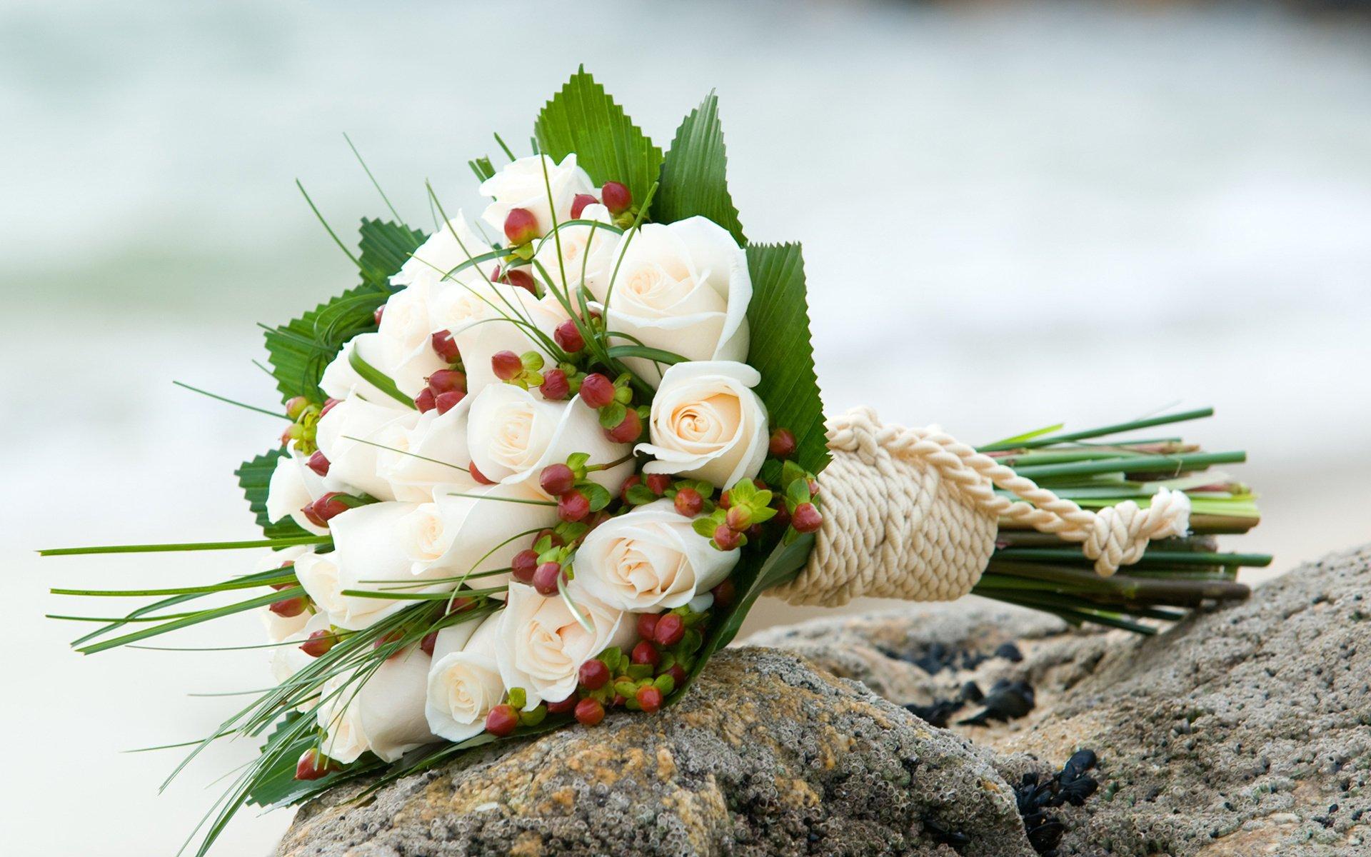 1920x1200 bouquet flowers roses white photo wedding holiday stones beach sea wave rope composition white roses wedding bouquet HD wallpaper