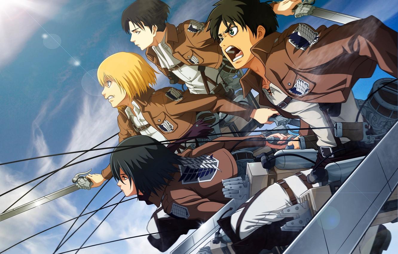 1332x850 Wallpaper the sky, attack, emblem, swords, military uniform, Mikasa Ackerman, Levi, Eren Yeager, Armin Arlert, The Invasion Of The Giants, Shingeki no Kyojin / Attack On Titan image for desktop, section сёнэн