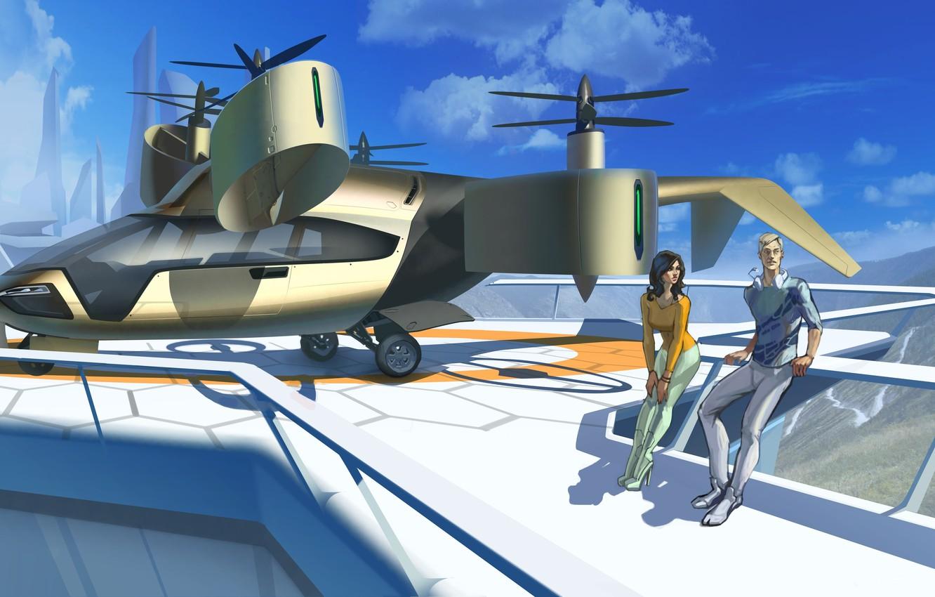 1332x850 Wallpaper the city, future, woman, helicopter, male, aircraft, art image for desktop, section фантастика