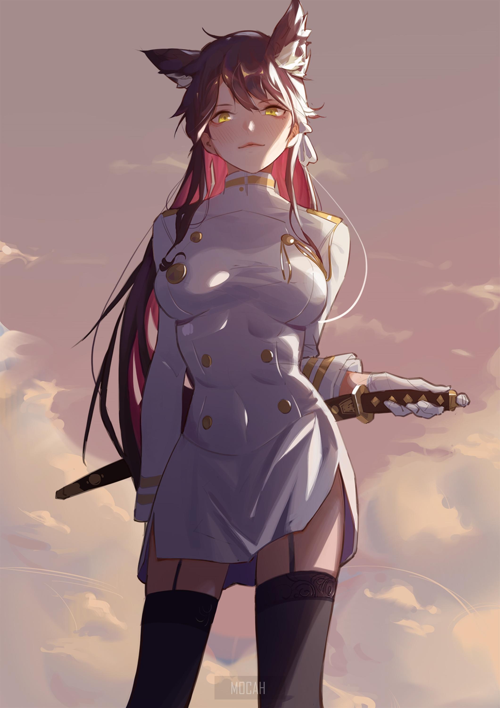 2121x3000 Atago (Azur Lane), Azur Lane, anime girl, women, black hair, long hair, fox girl, foxy ears, looking at viewer, yellow eyes, blushing, uniform, Military Uniform, stockings, black stockings, fan art, drawing