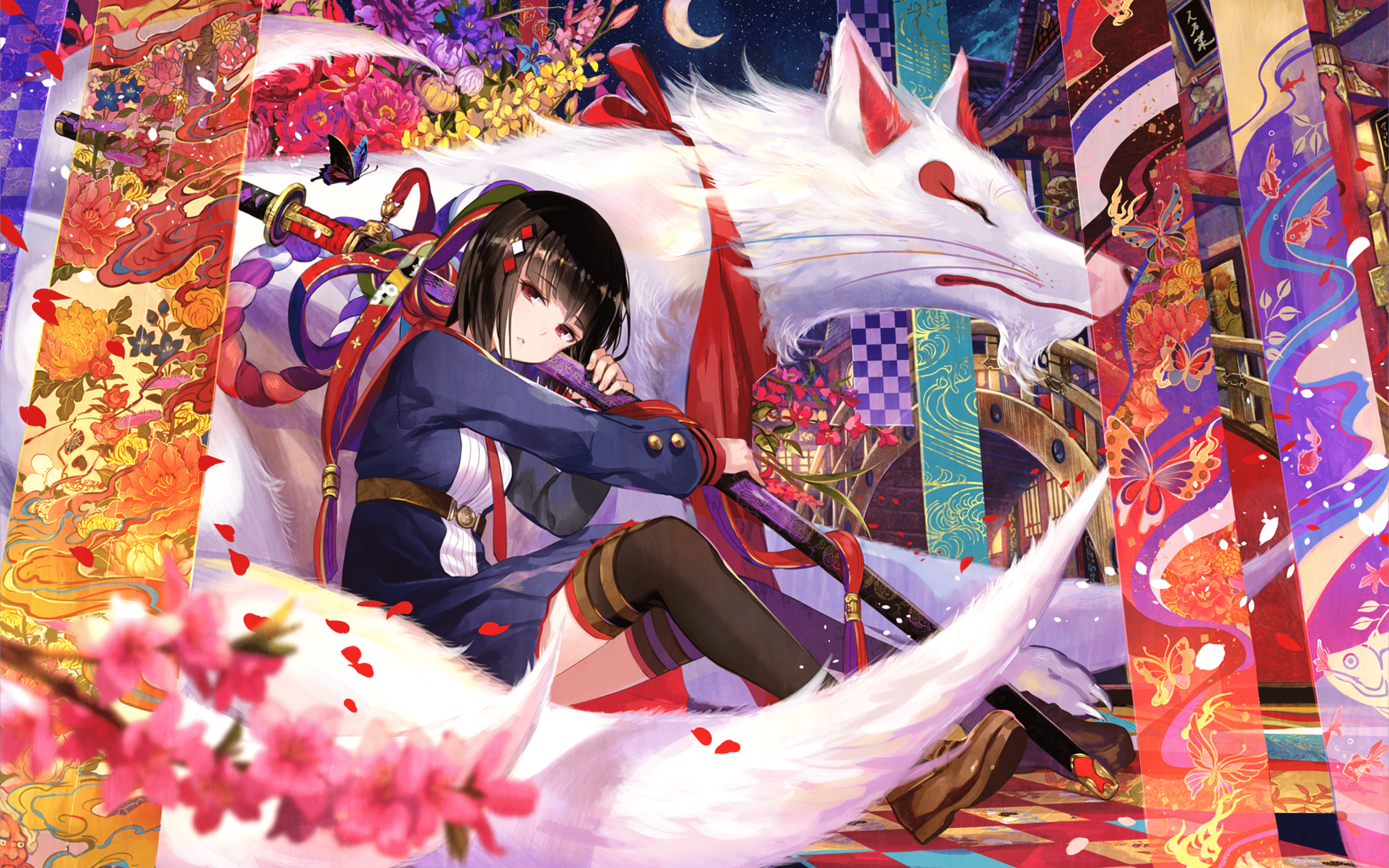 2880x1800 Download 2880x1800 Anime Girl, Shrine, Katana, White Fox, Colorful, Moon, Night, Black Hair, Red Eyes Wallpaper for MacBook Pro 15 inch