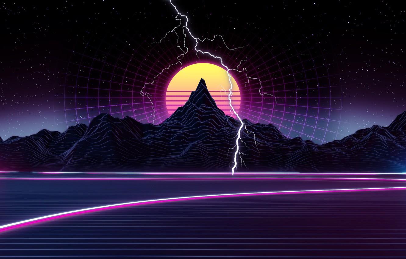 1332x850 Wallpaper The sun, Mountains, Music, Stars, Lightning, Space, Background, Graphics, 80s, 80's, Synth, Retrowave, Synthwave, New Retro Wave, Futuresynth, Sintav image for desktop, section рендеринг