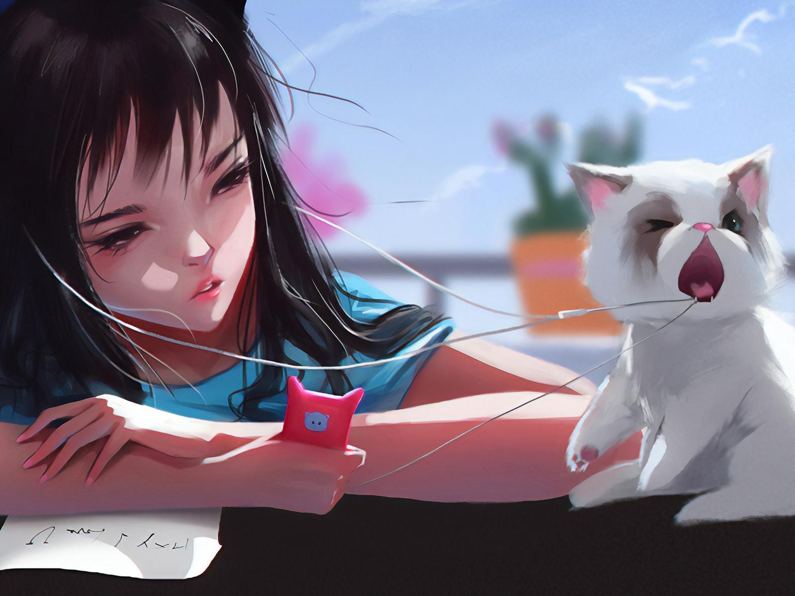 1600x1200 Anime Girl With Cat Pulling Back Her Headphones 1600x1200 Resolution HD 4k Wallpaper, Image, Background, Photo and Picture
