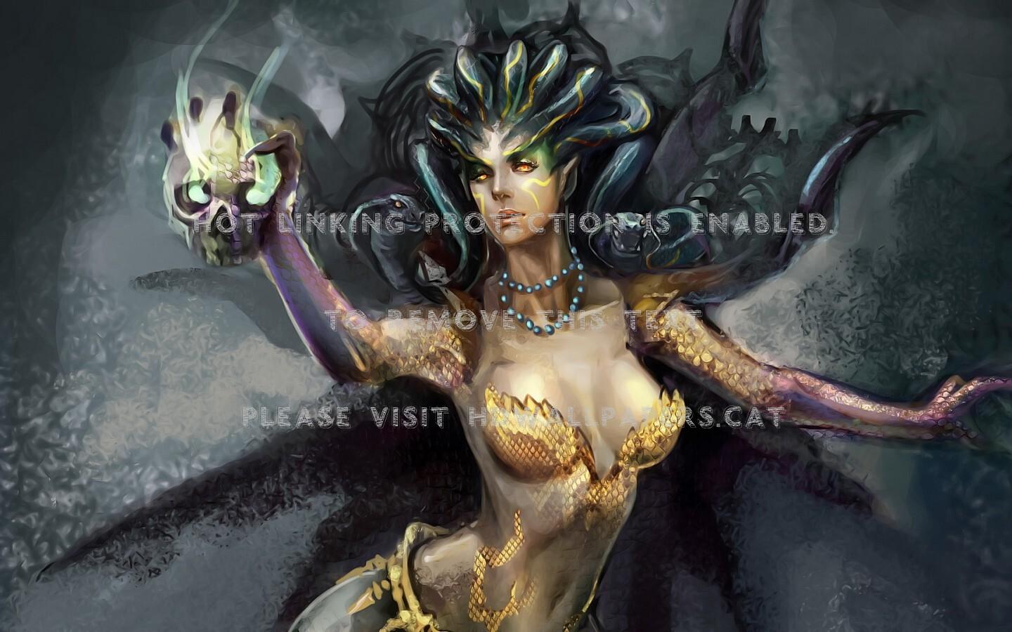 1440x900 the gorgon black fantasy medusa yelow woman