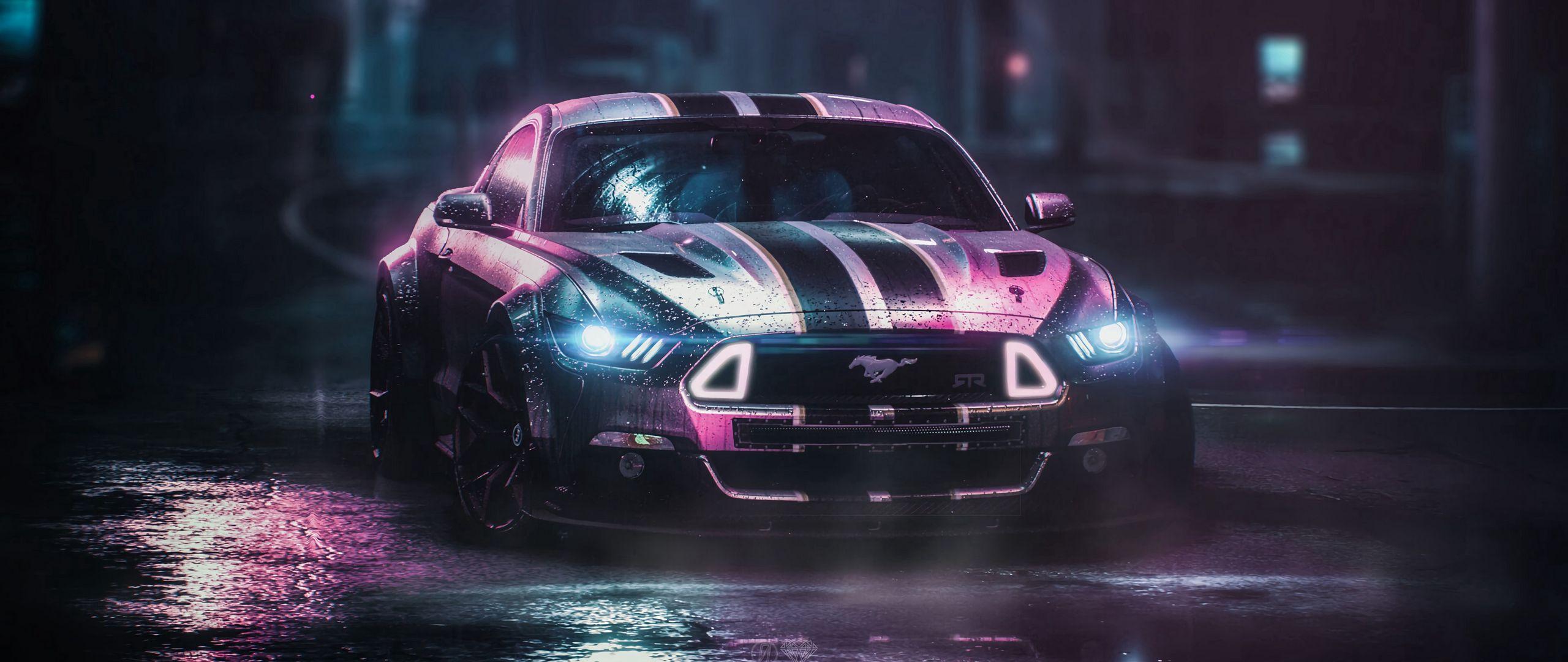 2560x1080 Download wallpaper 2560x1080 ford mustang gtr, ford, car, neon, night, wet dual wide 1080p HD background