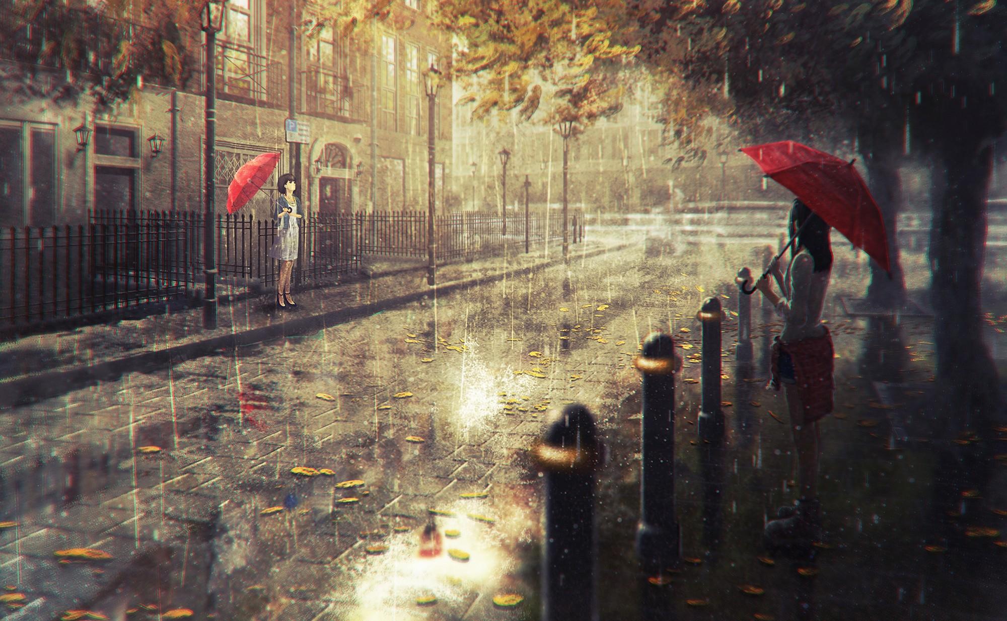 2000x1234 #cityscape, #anime, #rain, #anime girls, #umbrella, wallpaper. Mocah HD Wallpaper