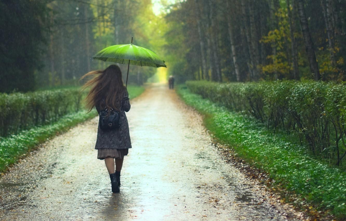 1332x850 Wallpaper road, girl, trees, rain, umbrella image for desktop, section девушки