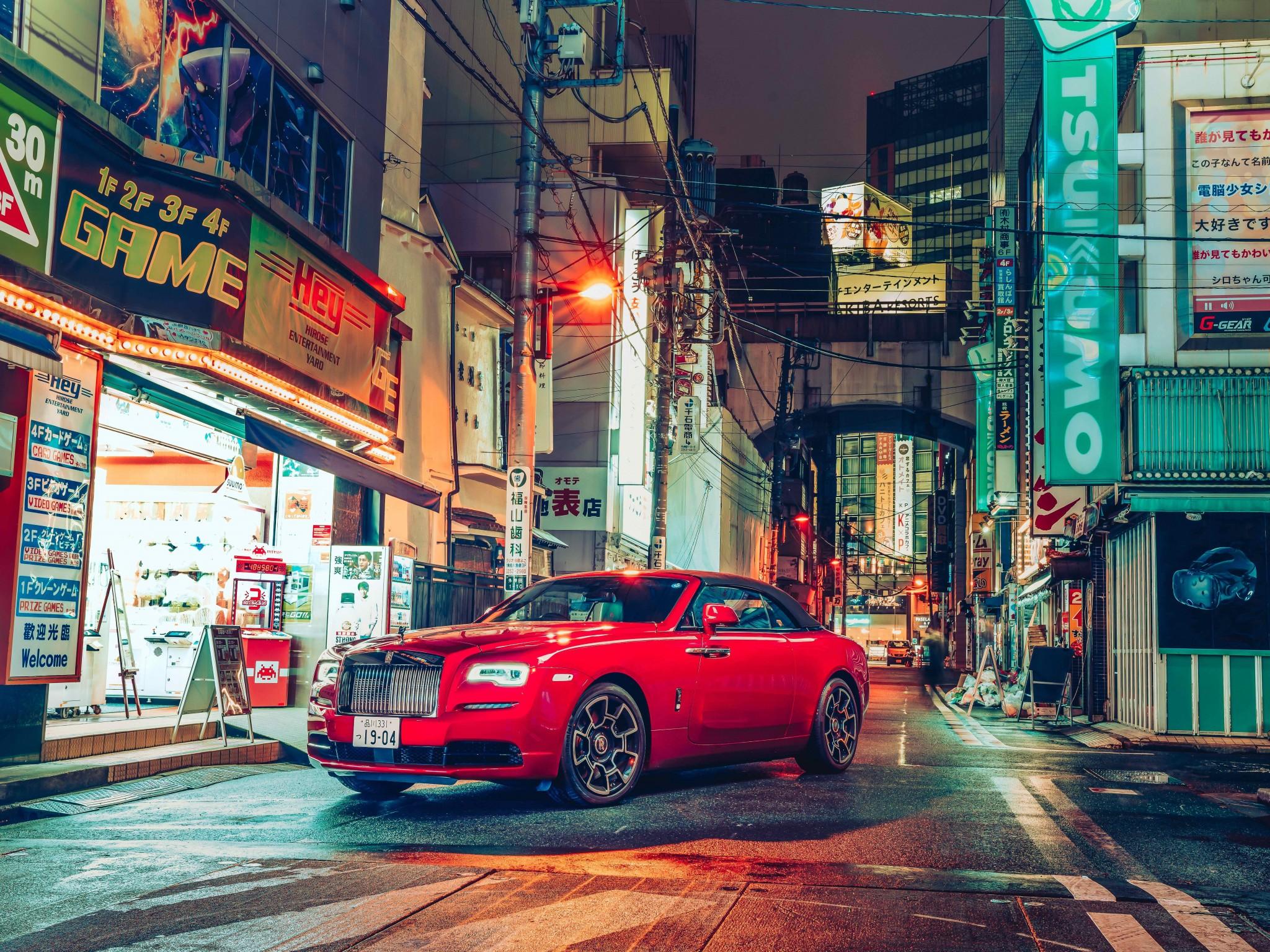 2048x1536 Rolls Royce Dawn Black Badge 4K Wallpaper, Tokyo, Cityscape, Night, Streets, Lights, 5K, 8K, Cars