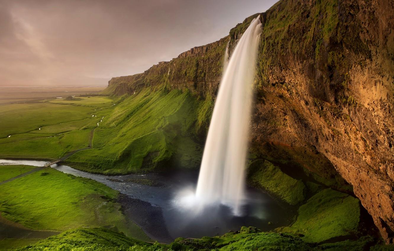 1332x850 Wallpaper greens, rocks, waterfall, trail, river, the bridge, Iceland, Seljalandsfoss waterfall image for desktop, section пейзажи