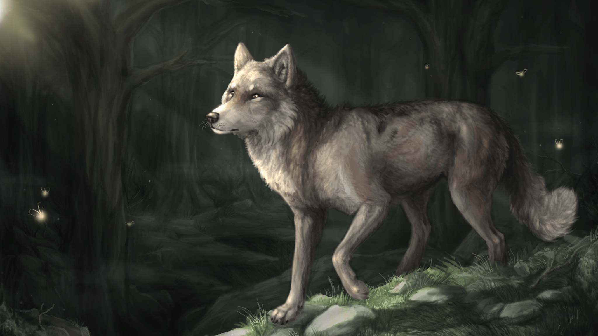 2048x1152 Download 2048x1152 White Wolf, Forest, Trees Wallpaper