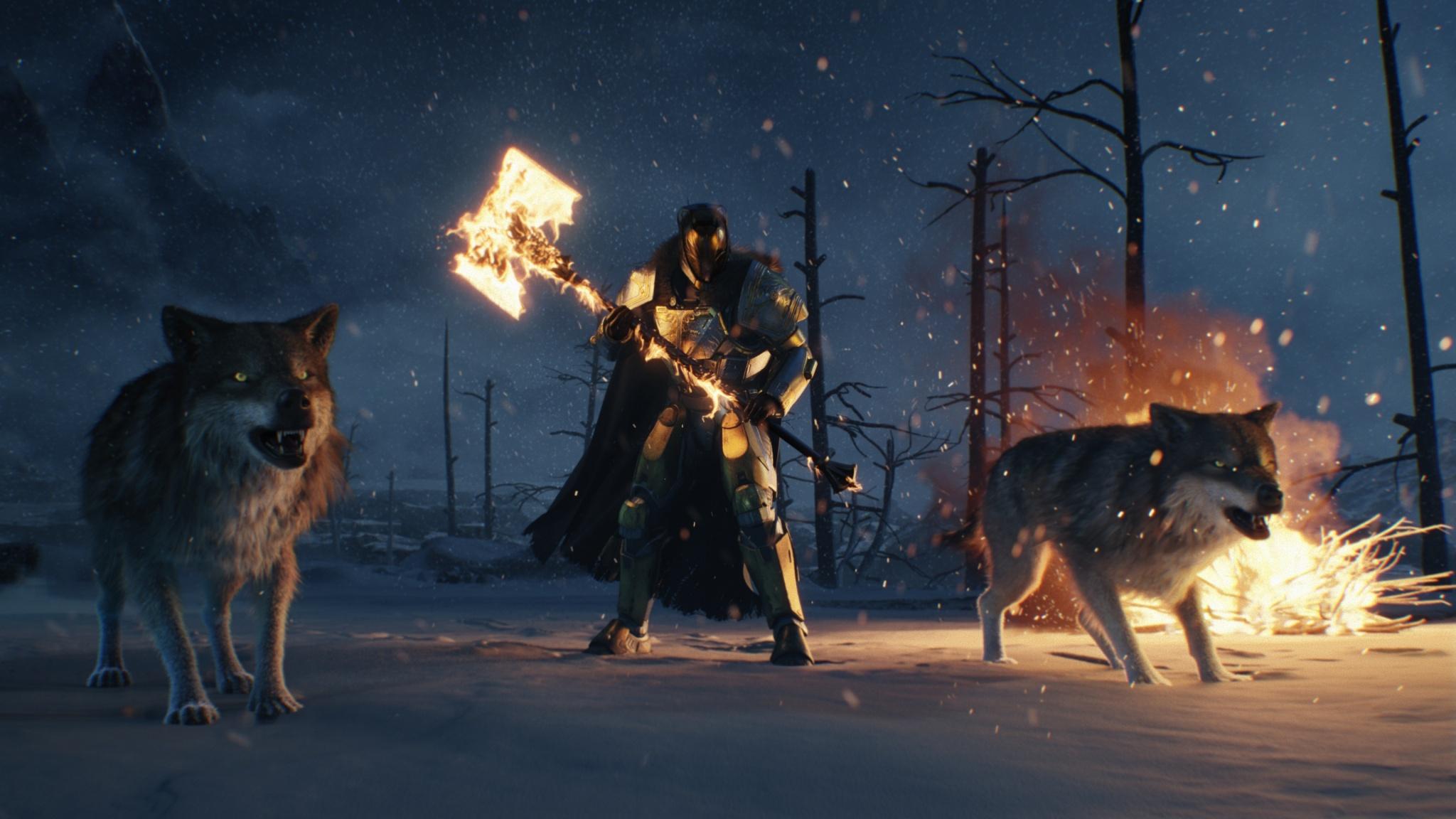 2048x1152 Warrior And Wolf Destiny Rise Of Iron Wallpaper