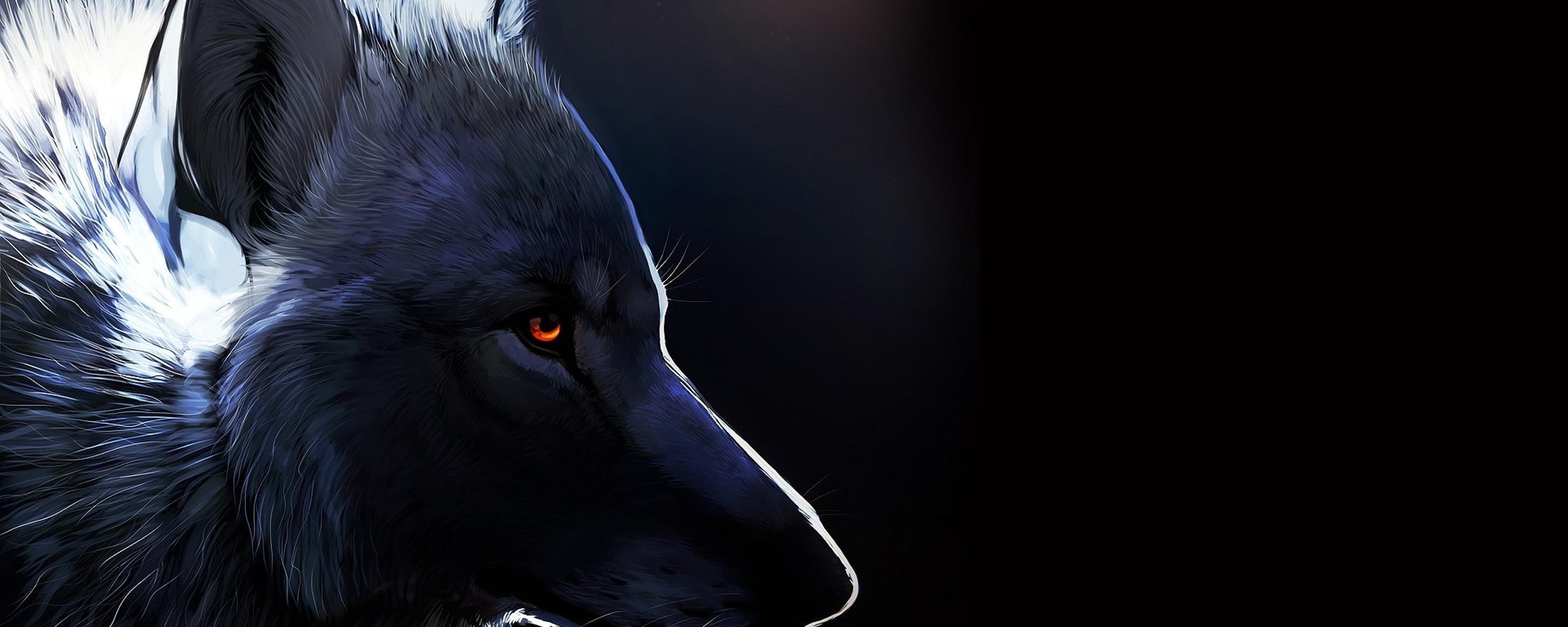 2560x1024 Black wolf drawing creative wallpaper