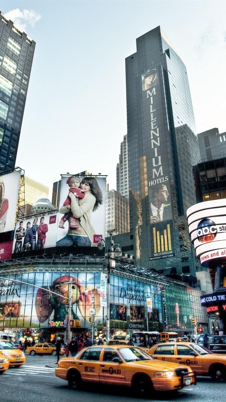 750x1334 New York, Skyscrapers, Taxis, Road, Advertising 750x1334 IPhone 8 7 6 6S Wallpaper, Background, Picture, Image