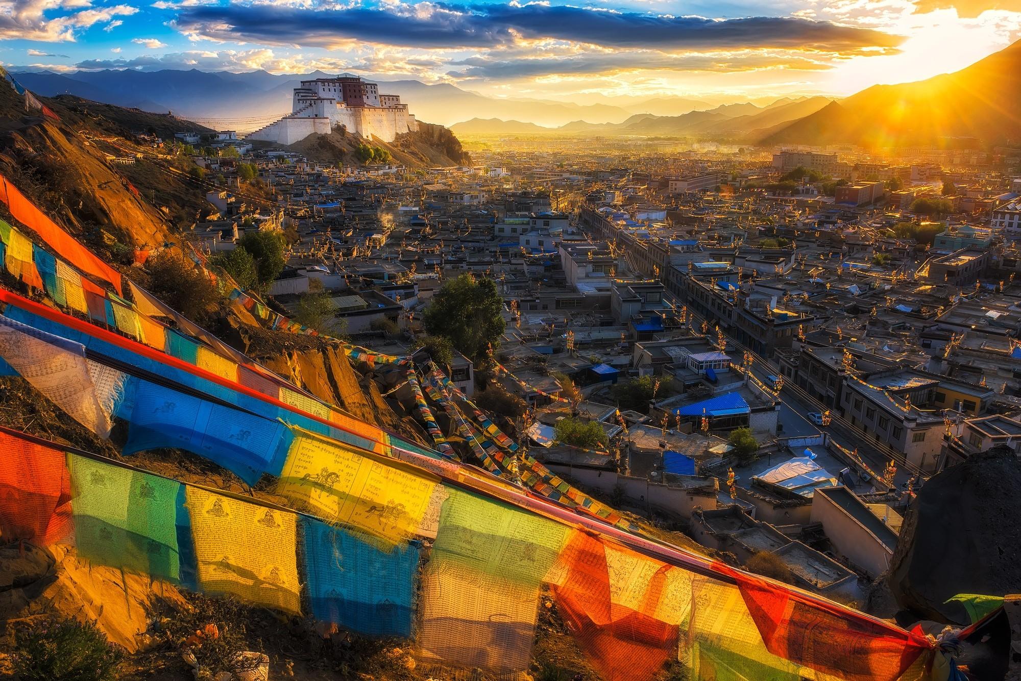 2000x1335 #cityscape, #sunset, #Tibet, #temple, #Buddhism, #flag, #landscape, #clouds, #monastery, #Lhasa, #mountains, #nature, wallpaper. Mocah HD Wallpaper