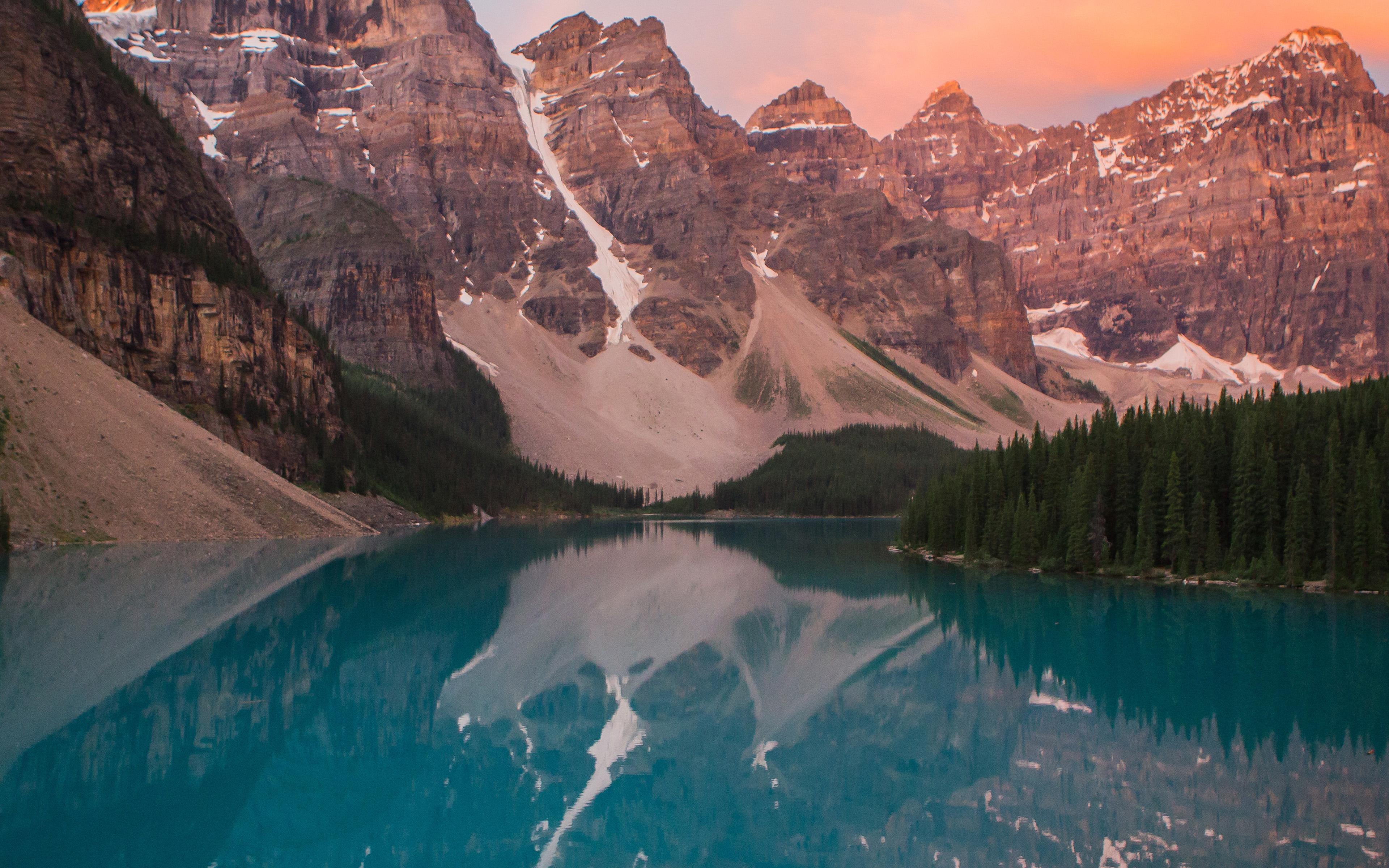 3840x2400 Lake Mountain Pink Sunset Nature Wallpaper