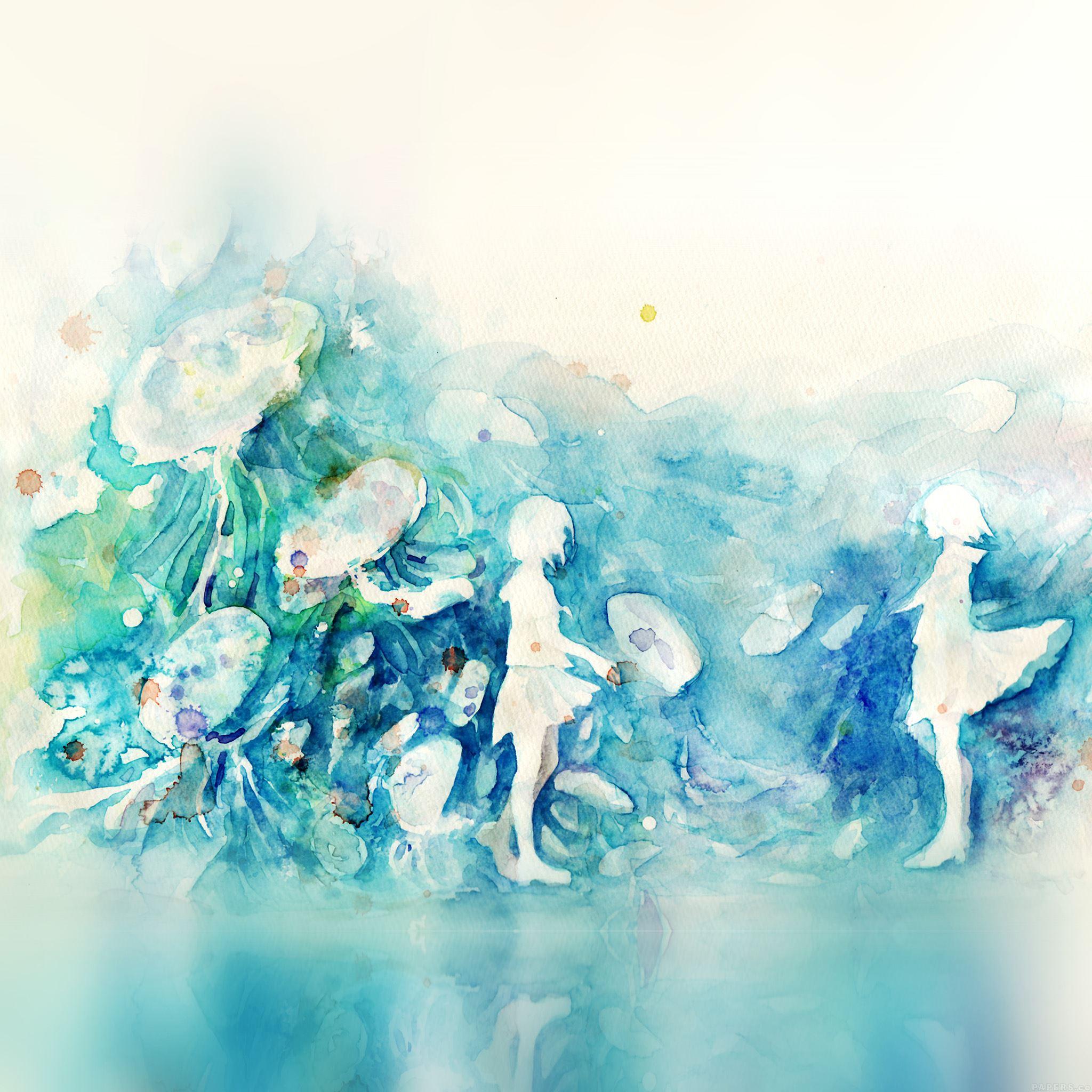 2048x2048 Watercolor Blue Girl Nature Art Illust iPad Air Wallpaper Free Download