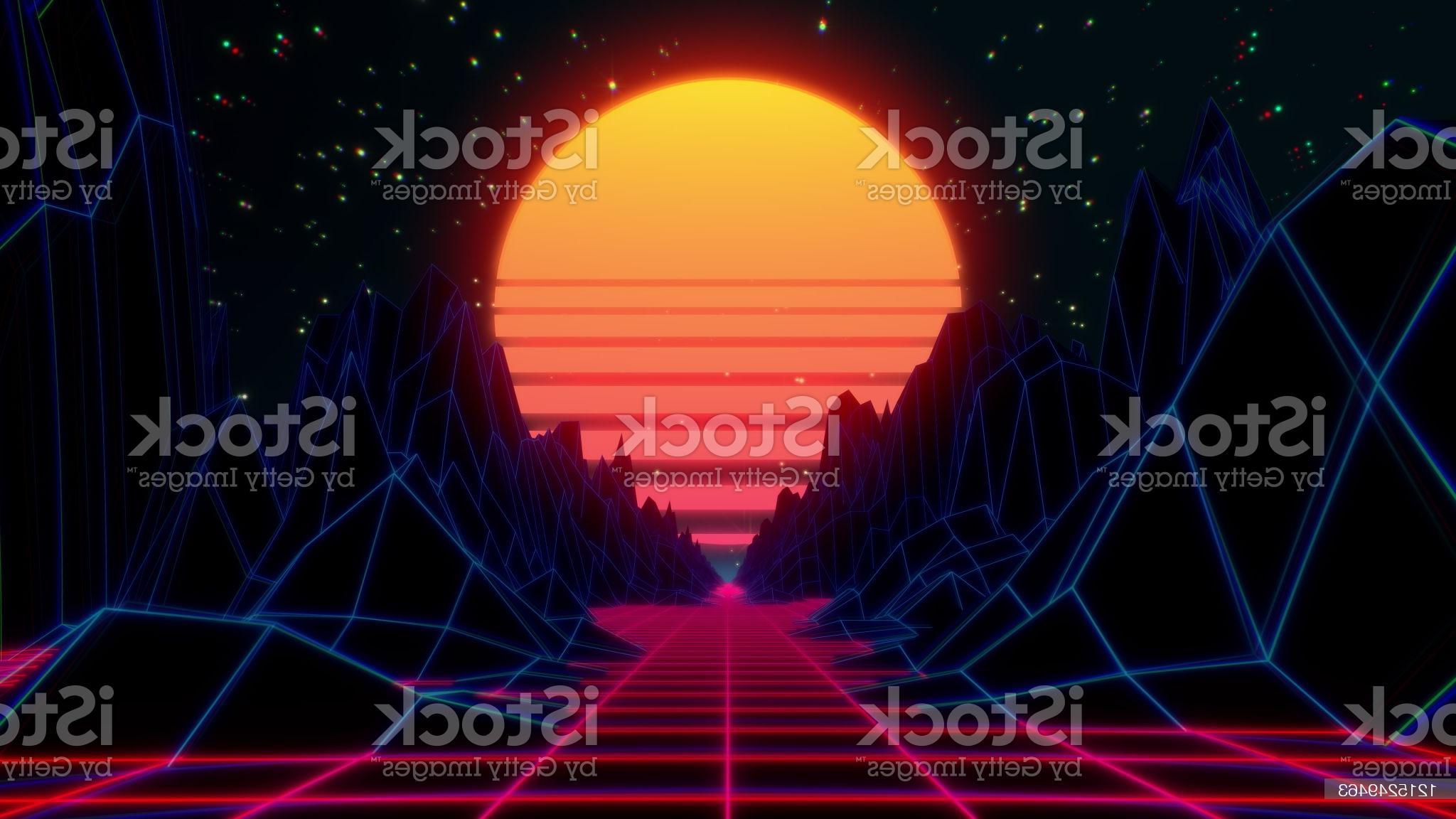 2048x1152 80s Retro Futuristic Sci Fi Background. VJ Videogame Landscape With Neon Lights Image Royalty Free