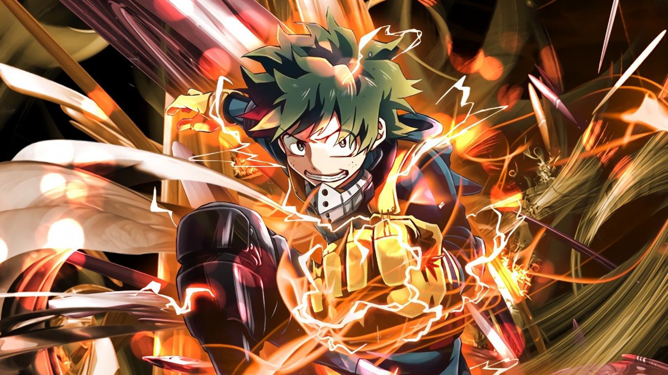 1366x768 Anime, Izuku Midoriya, Fire Power, Art, Wallpaper Hero Academia 4k