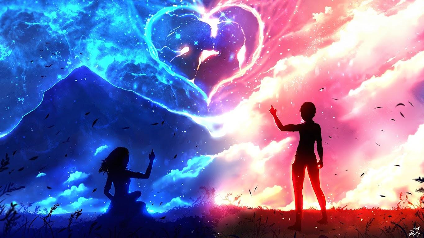 1366x768 Anime Couple Silhouette Heart 4K Wallpaper