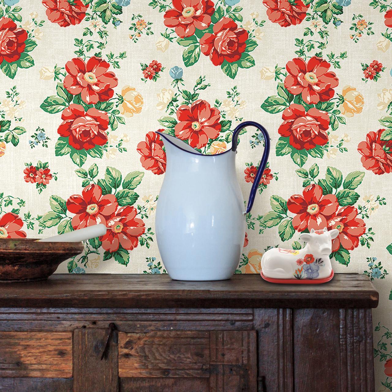 1280x1280 The Pioneer Woman Beige and Red Peel and Stick Wallpaper, Vintage Floral, 18 x 18.86'.com