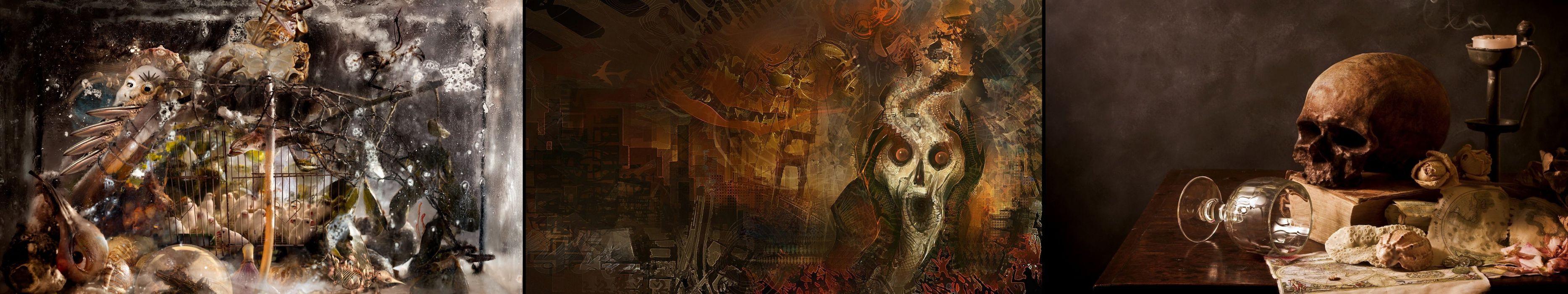3733x700 Triple monitor multi multiple screen art dark skull crane wallpaperx1080