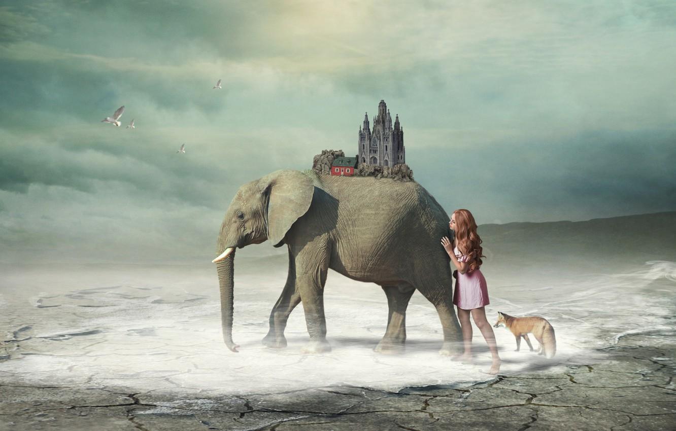 1332x850 Wallpaper girl, fantasy, elephant, art, Fox image for desktop, section ситуации
