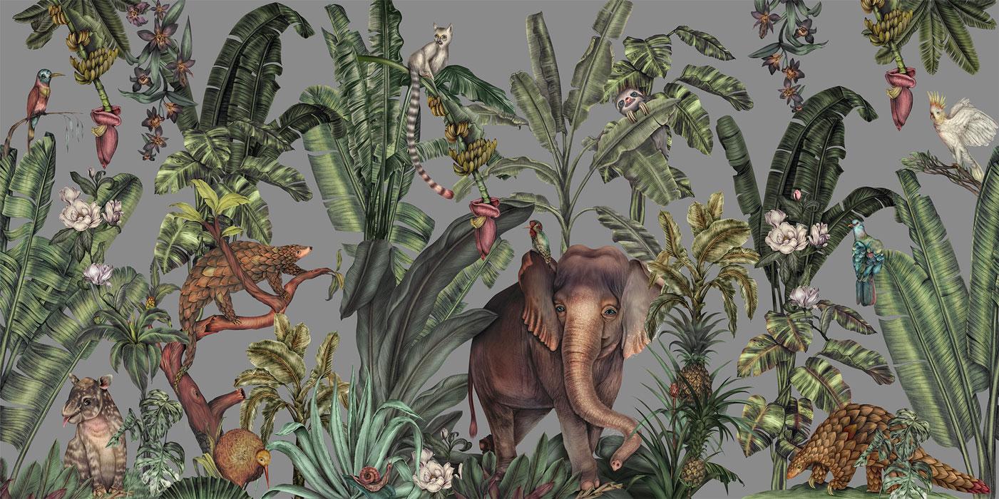 1401x700 Grey & Green Tropical Elephant Wallpaper Mural