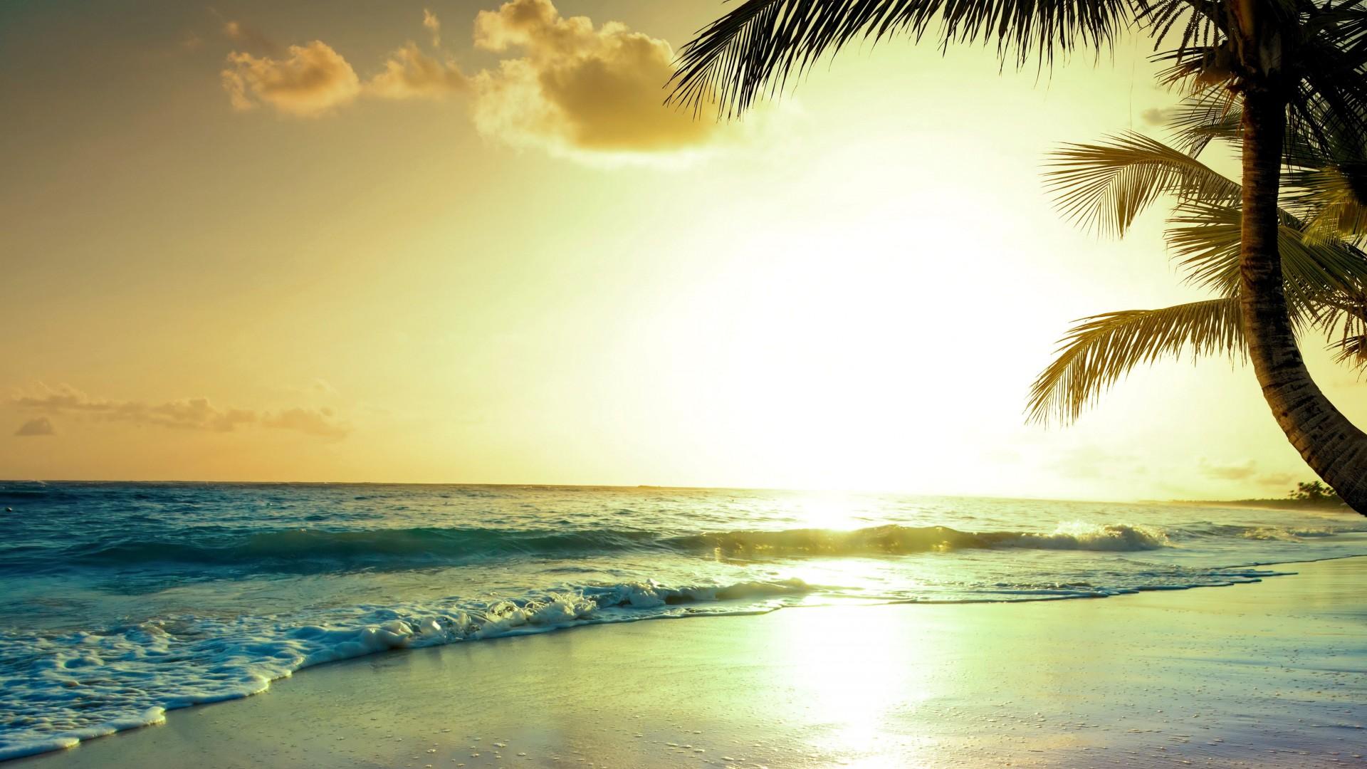 1920x1080 Wallpaper tropical beach, 5k, 4k wallpaper, paradise, sunset, Travel