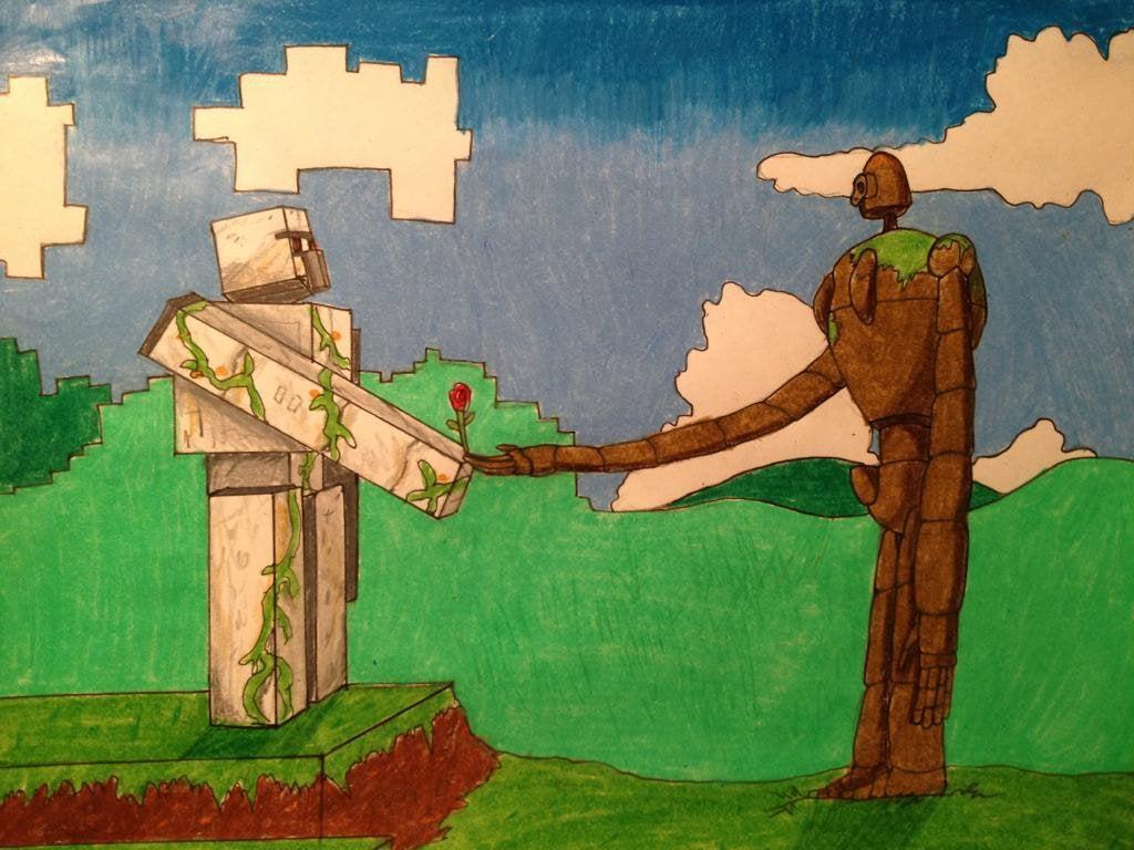 1024x768 The iron golem was partially inspired by the robots in Miyazaki's Castle in the Sky. Here is a drawing of them sharing a rose