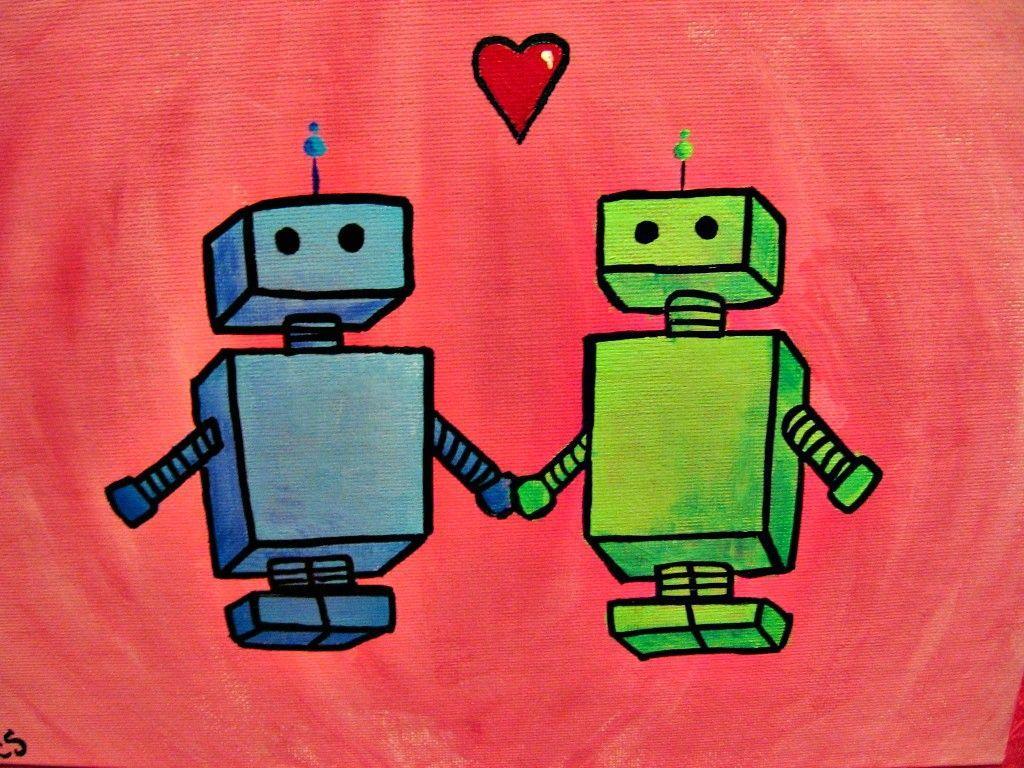 1024x768 Wallpaper Robots Love