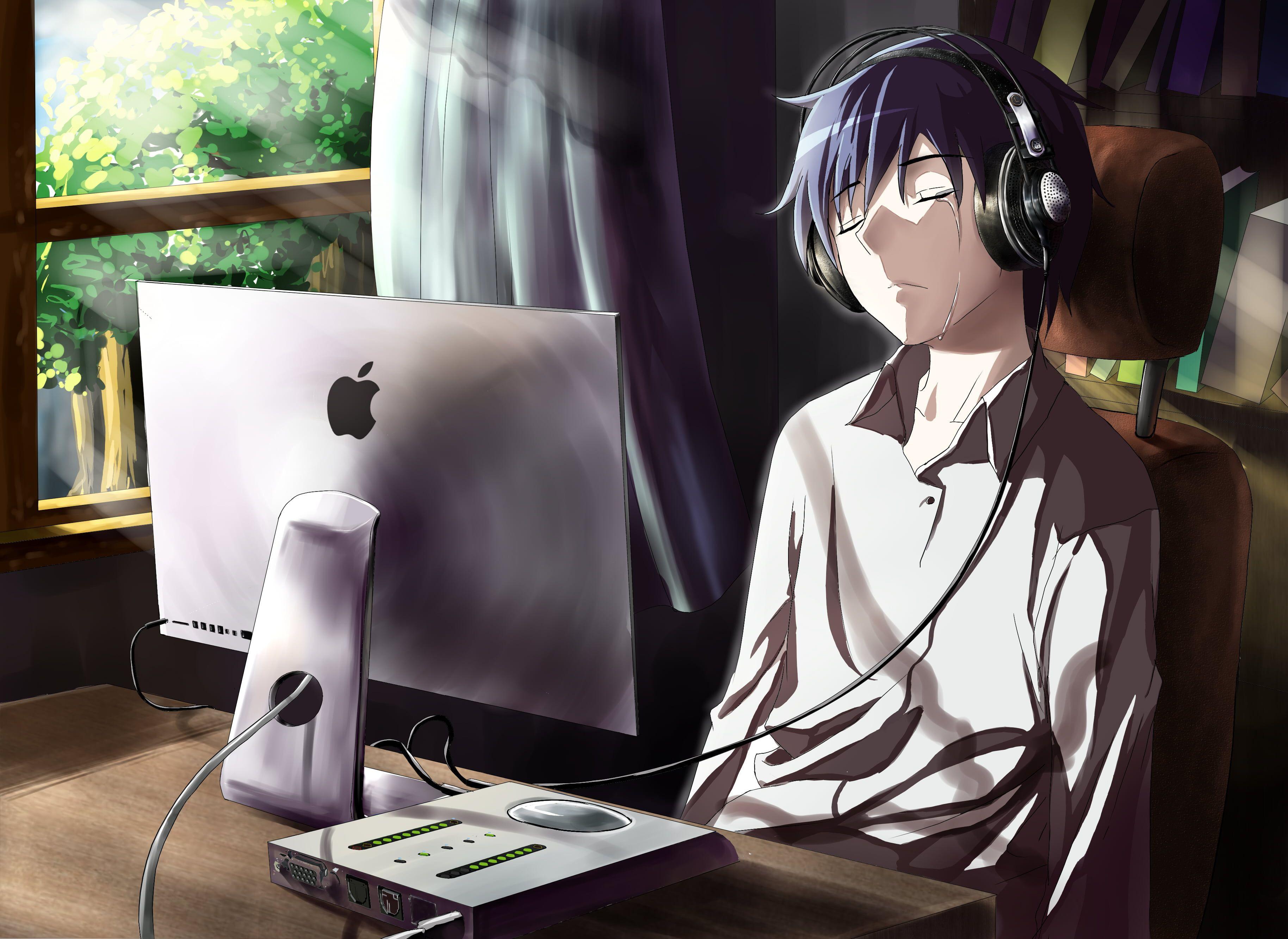 3656x2665 Male anime character in front iMac monitor illustration, guy wallpaper. Anime, Anime boy, Anime boy with headphones