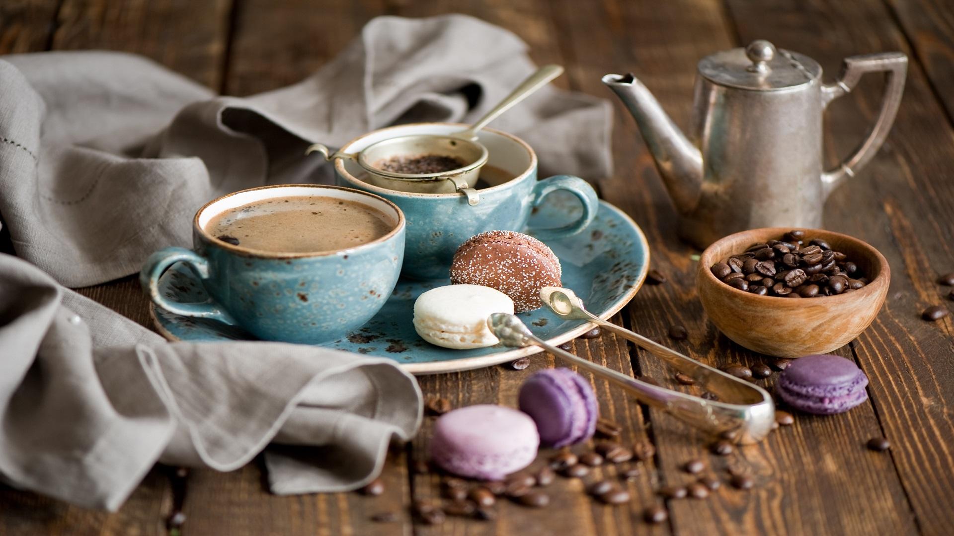 1920x1080 Coffee Corn Cup Set Cookies Macaroon Free Hd Wallpaper