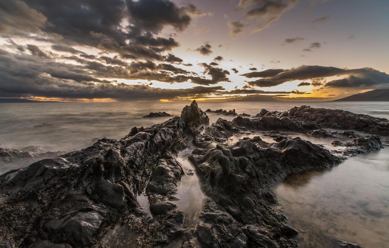 1332x850 Wallpaper sea, nature, sunset, water, clouds, mountain, rocks, landscapes, dusk, stones, horizon, cloudscape, coastline, panoramic view, 4k HD background image for desktop, section пейзажи