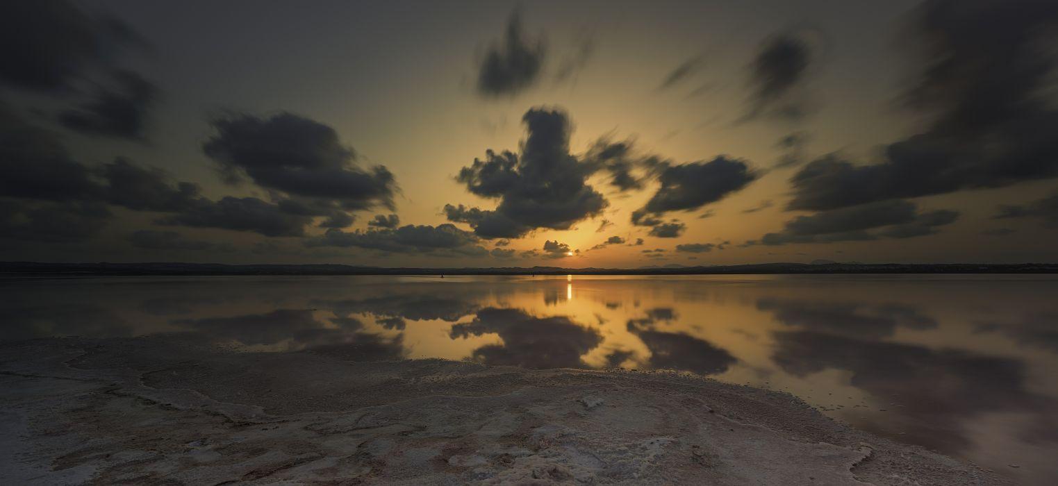 1523x700 Beach clouds dawn dusk nature ocean panoramic reflection sea seascape seashore sky sunrise sunset water wallpaperx3381
