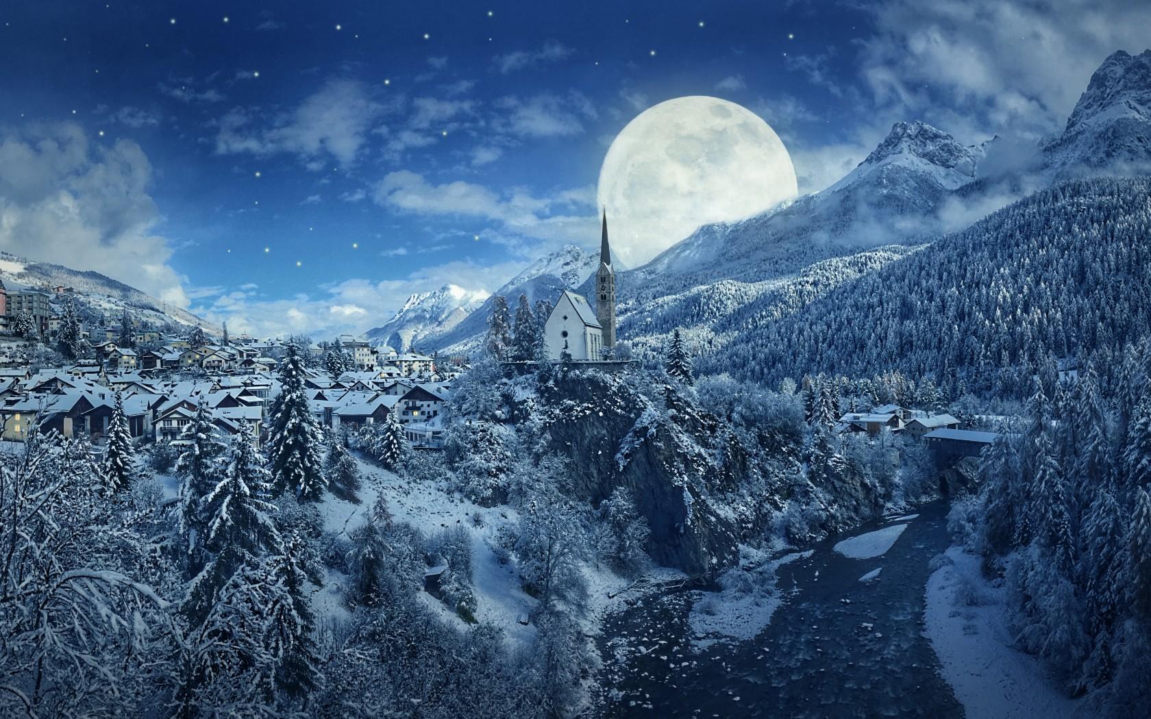 1680x1050 Winter 4K Wallpaper, Moon, Frozen, Forest, Village, Snowfall, 5K, Nature