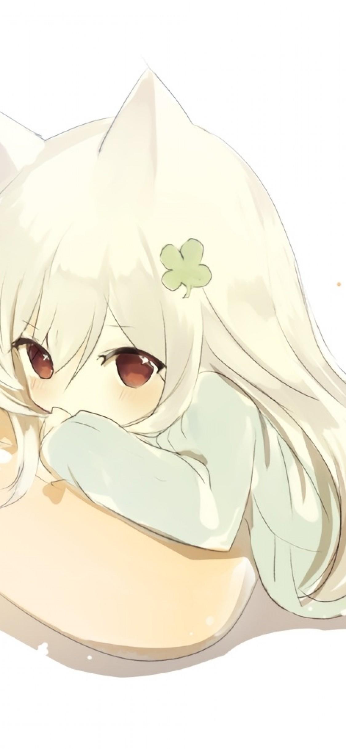 1125x2436 Download 1125x2436 Anime Girl, Chibi, Cute, Animal Ears, Pillow Wallpaper for iPhone 11 Pro & X