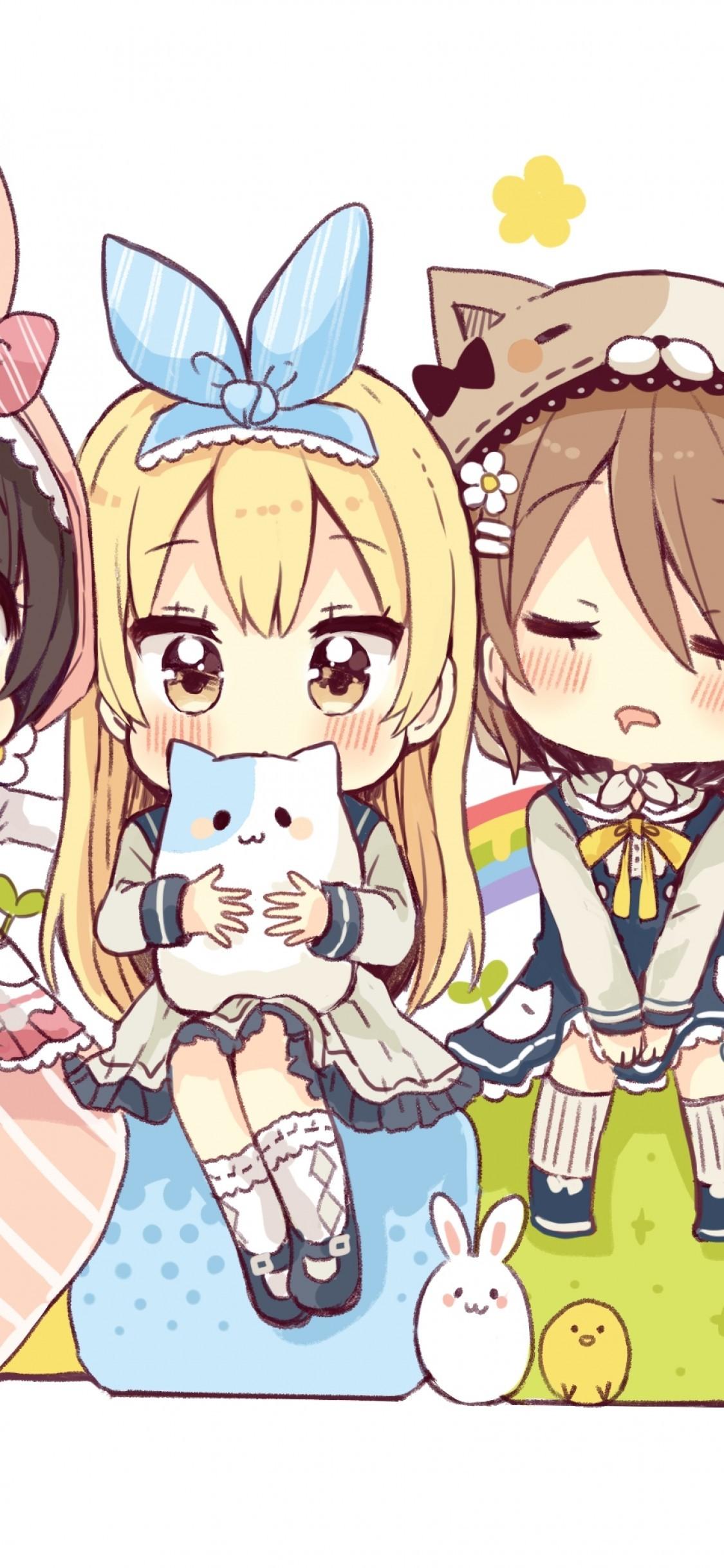 1125x2436 Download 1125x2436 Anime Girls, Chibi, Cute, Friends Wallpaper for iPhone 11 Pro & X